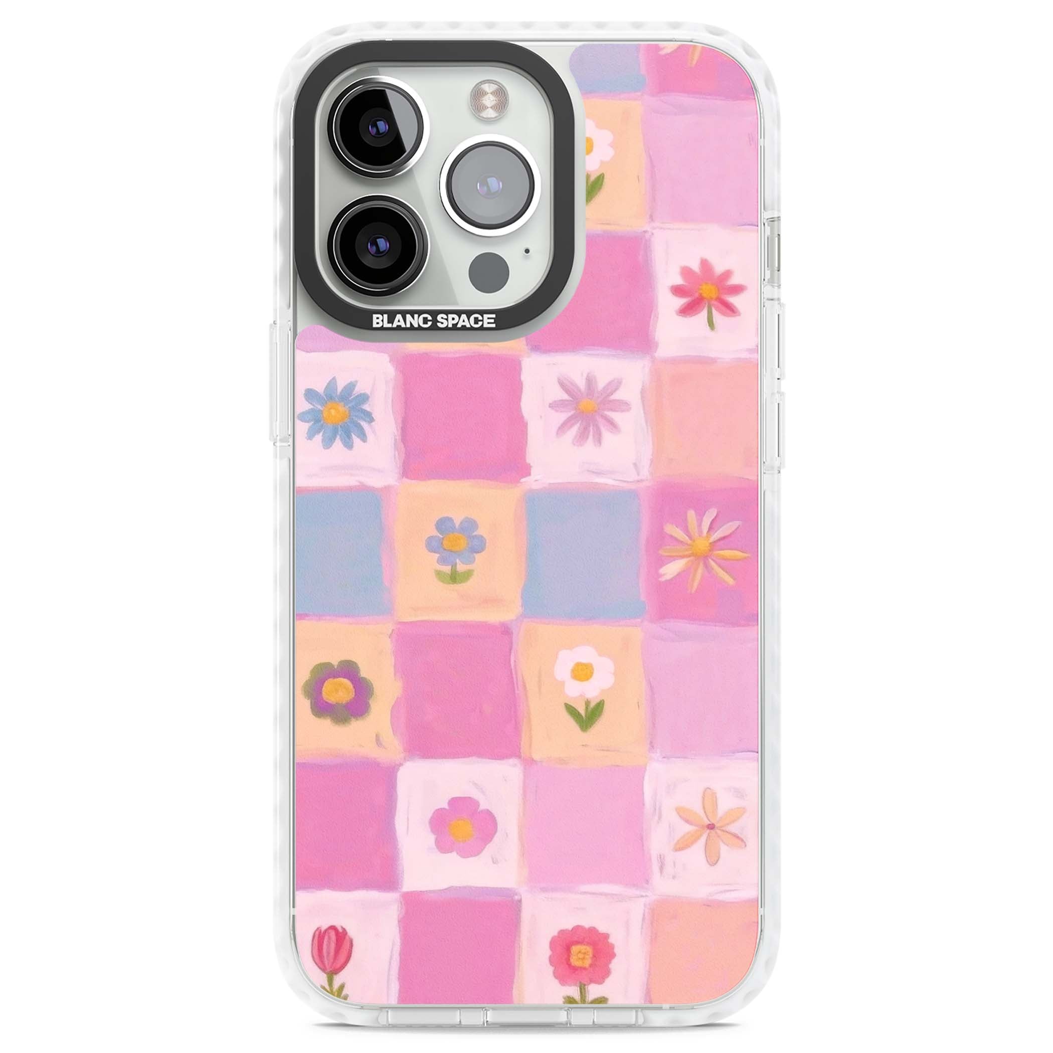 Pastel Flower Patchwork cottagecore iPhone case featuring painted pink and lilac squares with daisies and wildflowers | Impact Magsafe case for iPhone 13 Pro, iPhone 14 Pro, iPhone 15 Pro
