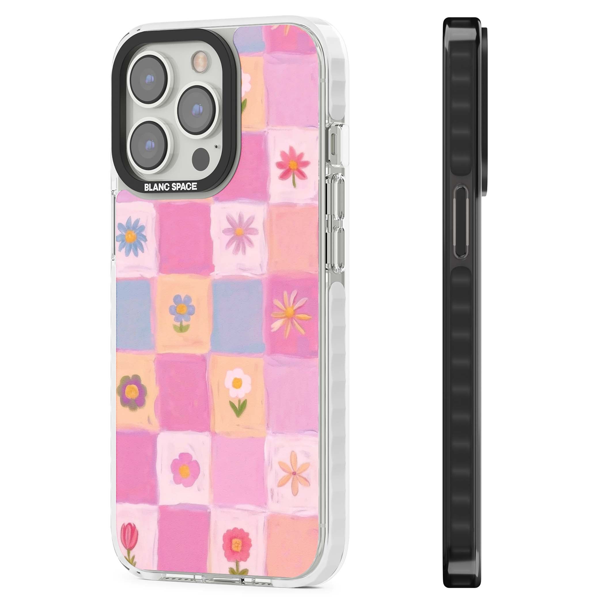 Pastel Flower Patchwork cottagecore iPhone case featuring painted pink and lilac squares with daisies and wildflowers | Impact Magsafe case for iPhone 13 Pro, iPhone 14 Pro, iPhone 15 Pro