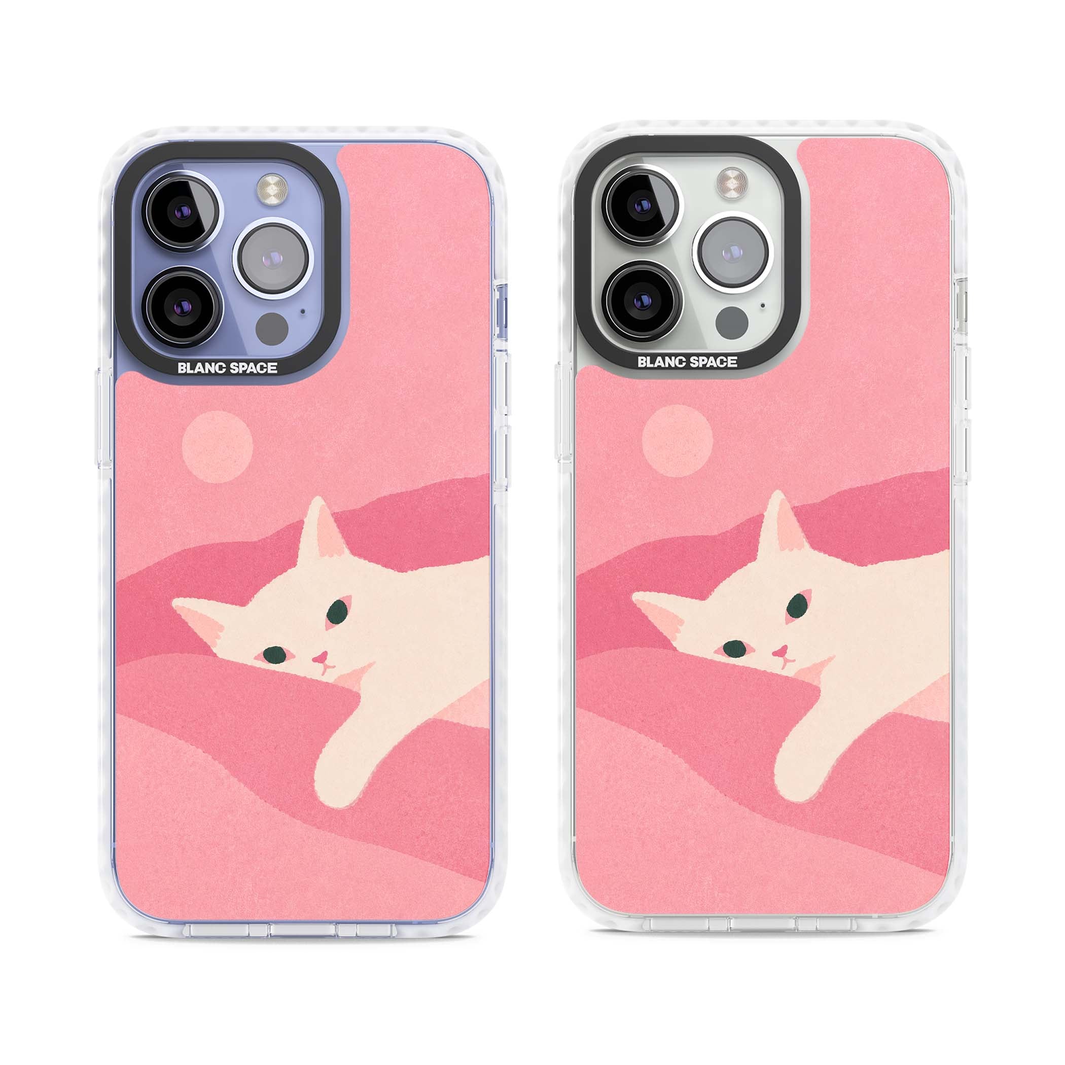 Pink Dreams cute cat iPhone case featuring a white kitten, soft pink hills and a pale pastel sun | Impact Magsafe case for iPhone 13 Pro, iPhone 14 Pro, iPhone 15 Pro
