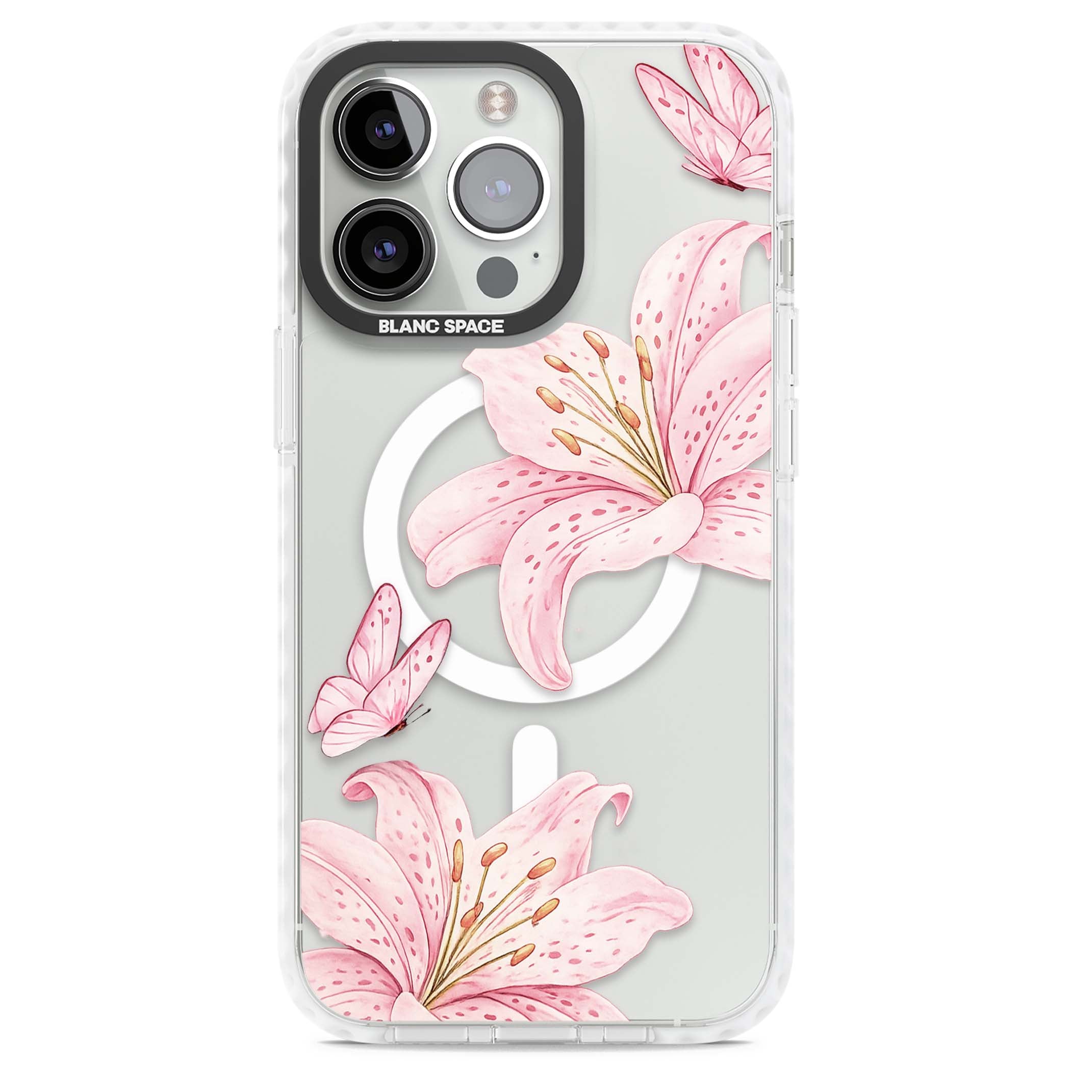 Lily Whisper floral iPhone case featuring pink watercolour lilies and delicate butterflies on a clear background | Impact Magsafe case for iPhone 13 Pro, iPhone 14 Pro, iPhone 15 Pro