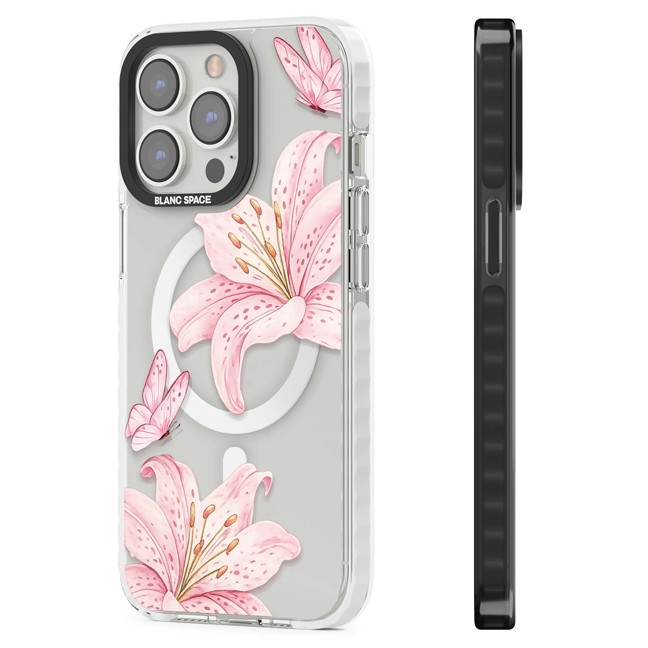 Lily Whisper floral iPhone case featuring pink watercolour lilies and delicate butterflies on a clear background | Impact Magsafe case for iPhone 13 Pro, iPhone 14 Pro, iPhone 15 Pro