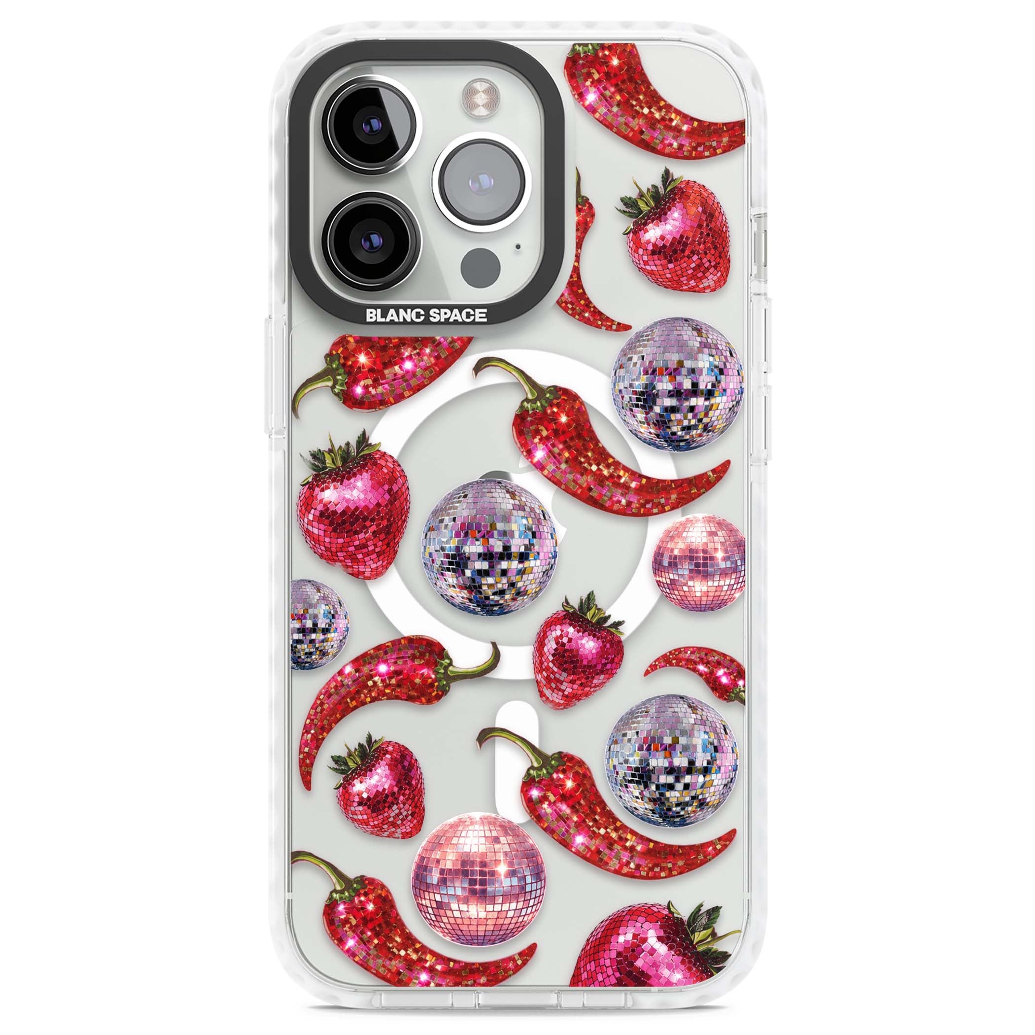 Spicy Disco Y2K iPhone case featuring glitter disco balls, sparkly strawberries and red chilli peppers | Impact Magsafe case for iPhone 13 Pro, iPhone 14 Pro, iPhone 15 Pro