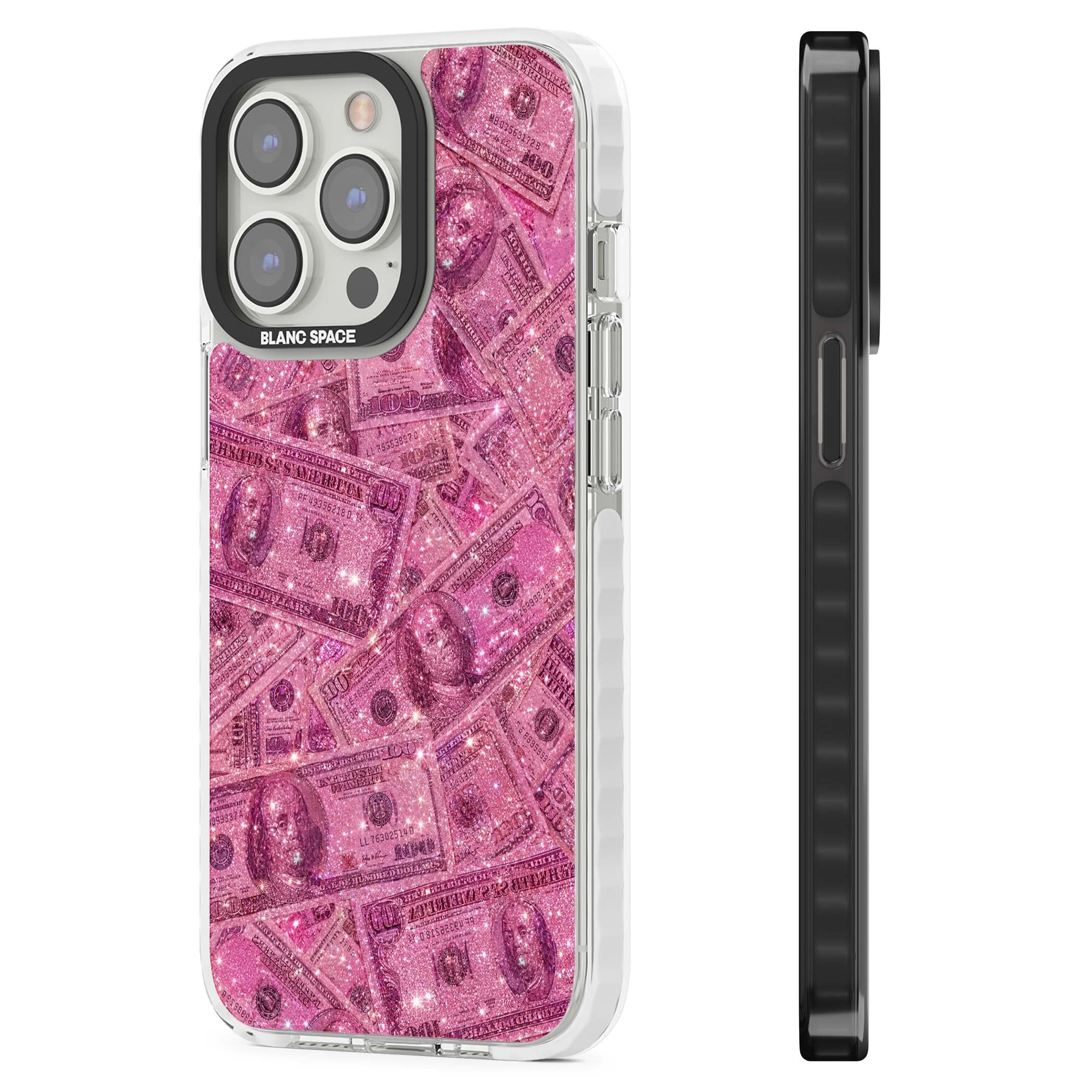 Glamorous baddie iPhone case featuring pink glitter hundred dollar bills and sparkling money wallpaper design | Impact Magsafe case for iPhone 13 Pro, iPhone 14 Pro, iPhone 15 Pro