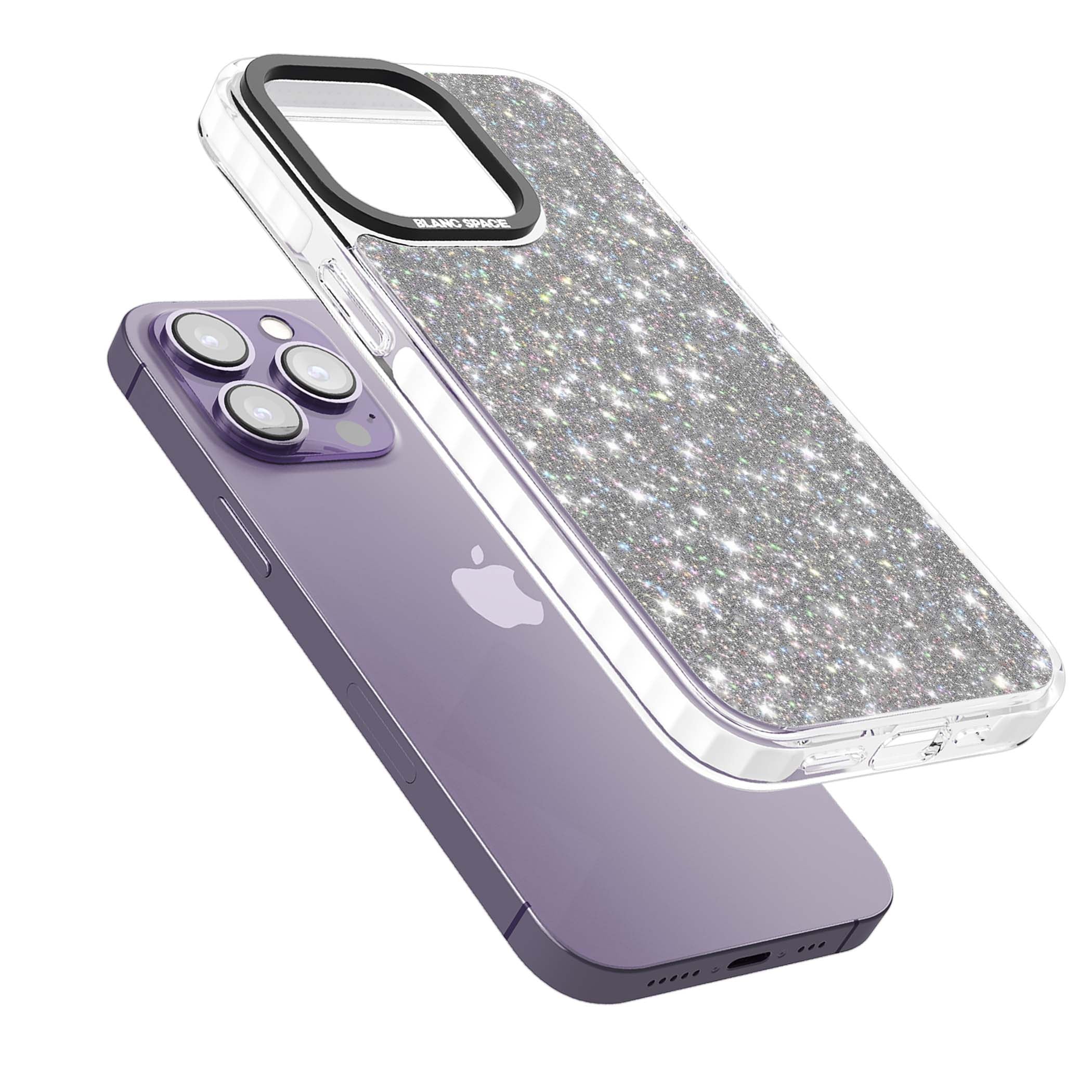 Diamond glam iPhone case featuring silver glitter sparkle and shimmering diamond dust effect | Impact Magsafe case for iPhone 13 Pro, iPhone 14 Pro, iPhone 15 Pro