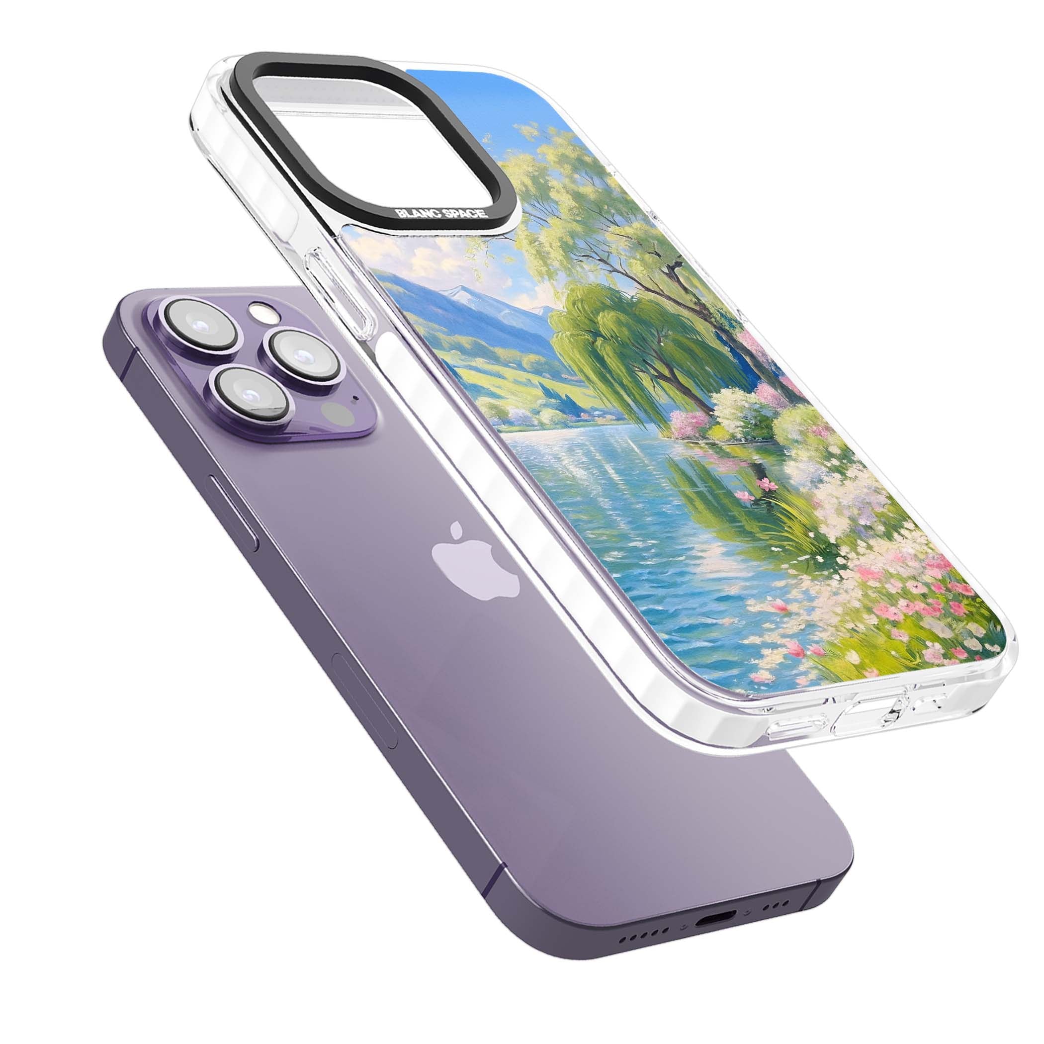 Willow Lake cottagecore iPhone case featuring a painted lakeside with weeping willow, blossoms and distant mountains | Impact Magsafe case for iPhone 13 Pro, iPhone 14 Pro, iPhone 15 Pro
