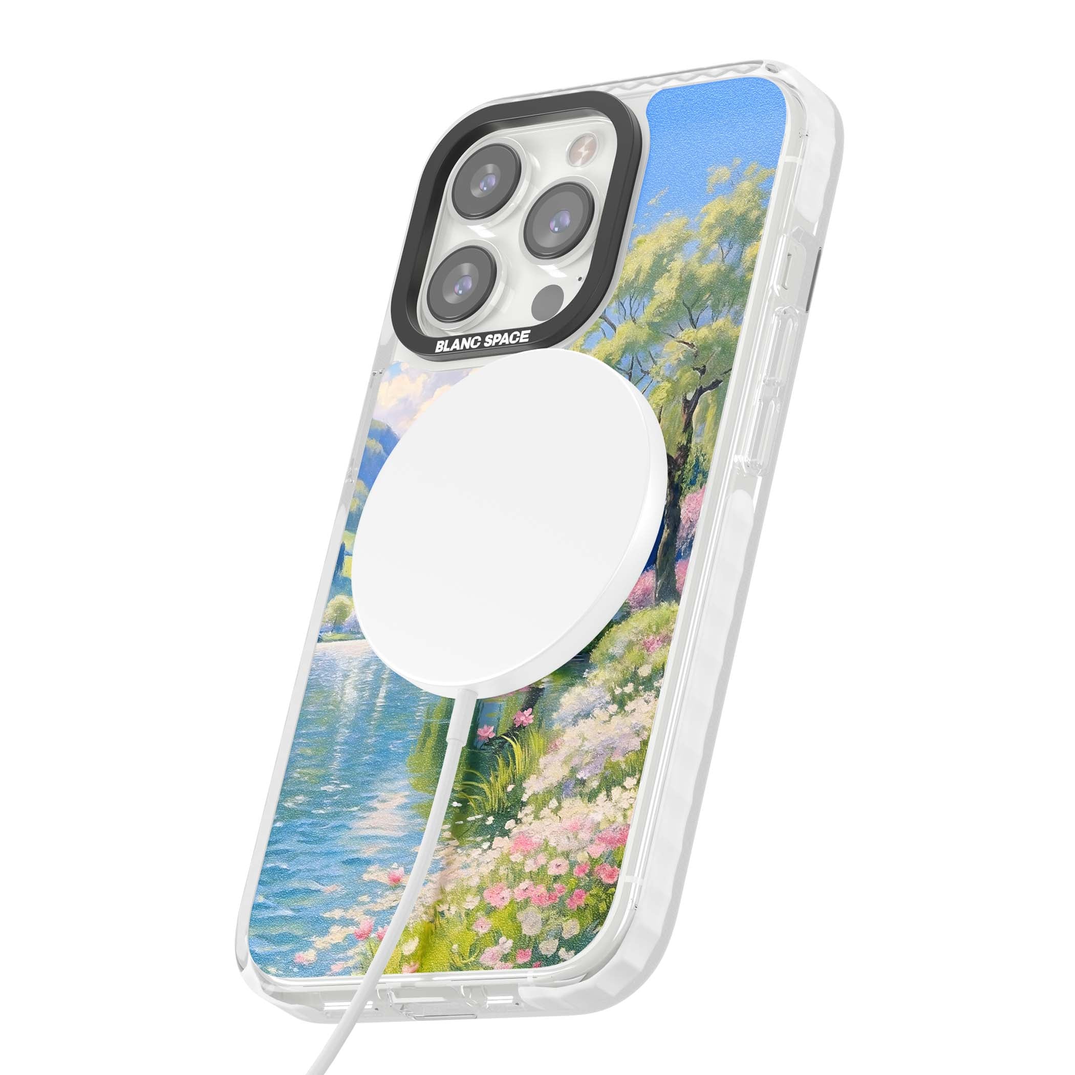 Willow Lake cottagecore iPhone case featuring a painted lakeside with weeping willow, blossoms and distant mountains | Impact Magsafe case for iPhone 13 Pro, iPhone 14 Pro, iPhone 15 Pro
