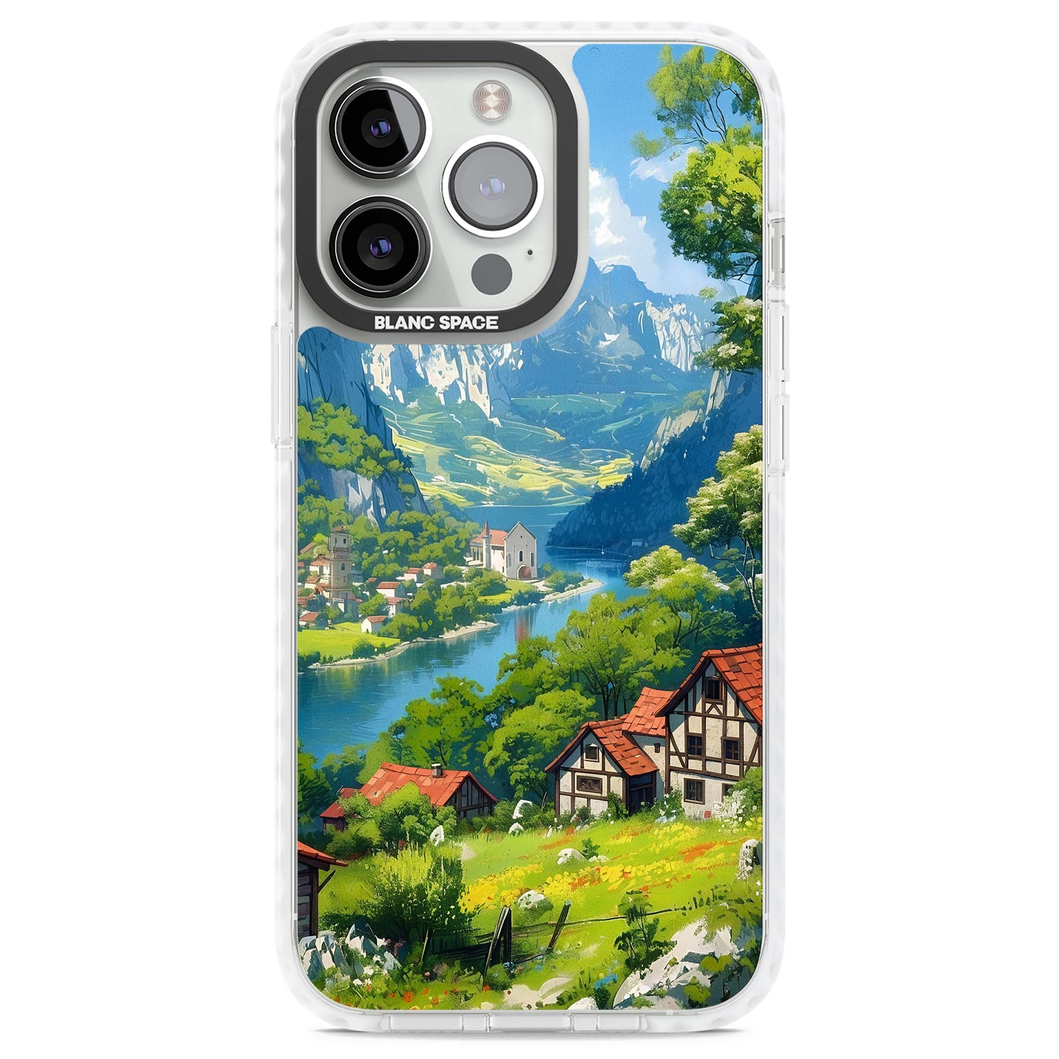 Village In The Valley anime iPhone case featuring a painted mountain village, river valley and half-timbered cottages. | Impact Magsafe case for iPhone 13 Pro, iPhone 14 Pro, iPhone 15 Pro