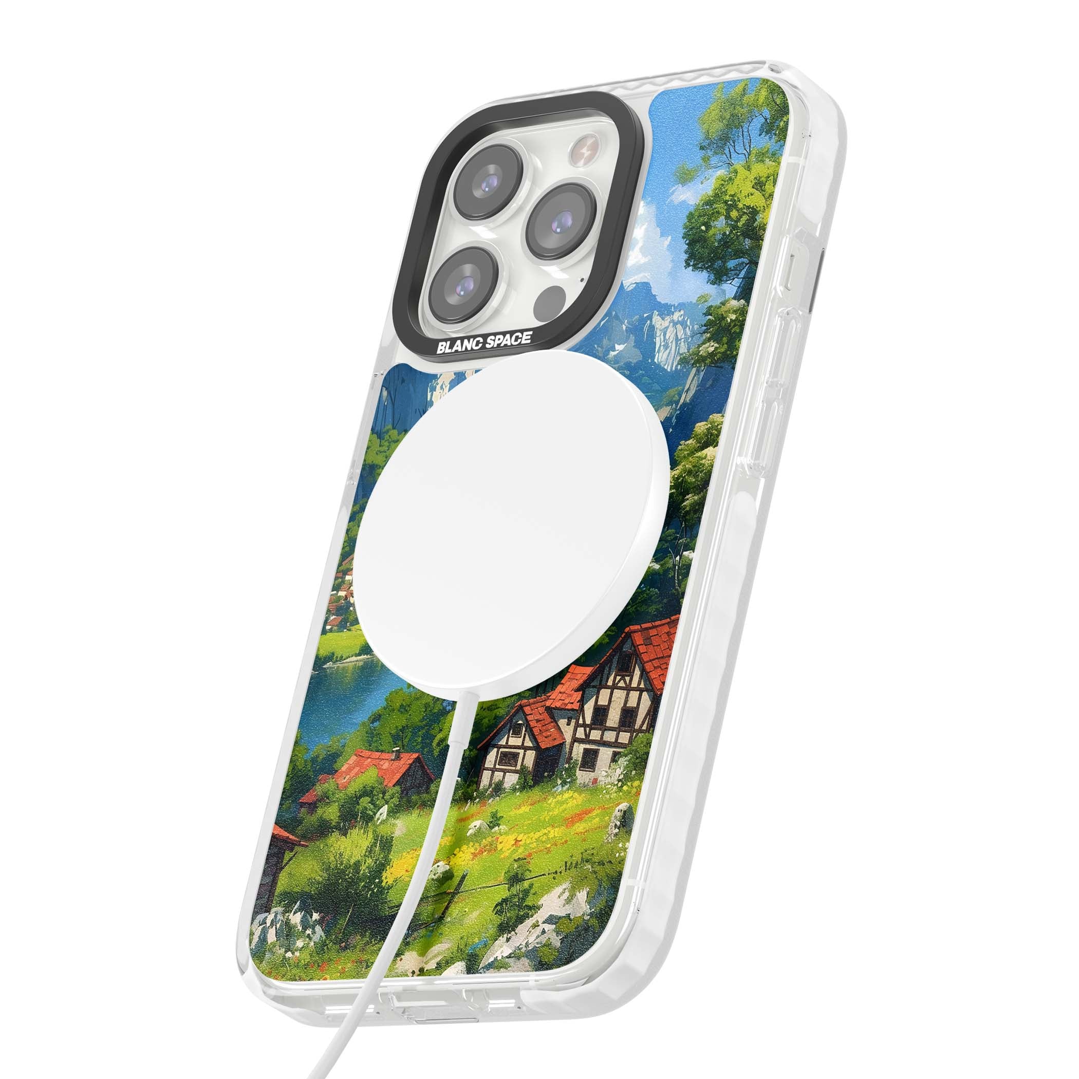 Village In The Valley anime iPhone case featuring a painted mountain village, river valley and half-timbered cottages. | Impact Magsafe case for iPhone 13 Pro, iPhone 14 Pro, iPhone 15 Pro