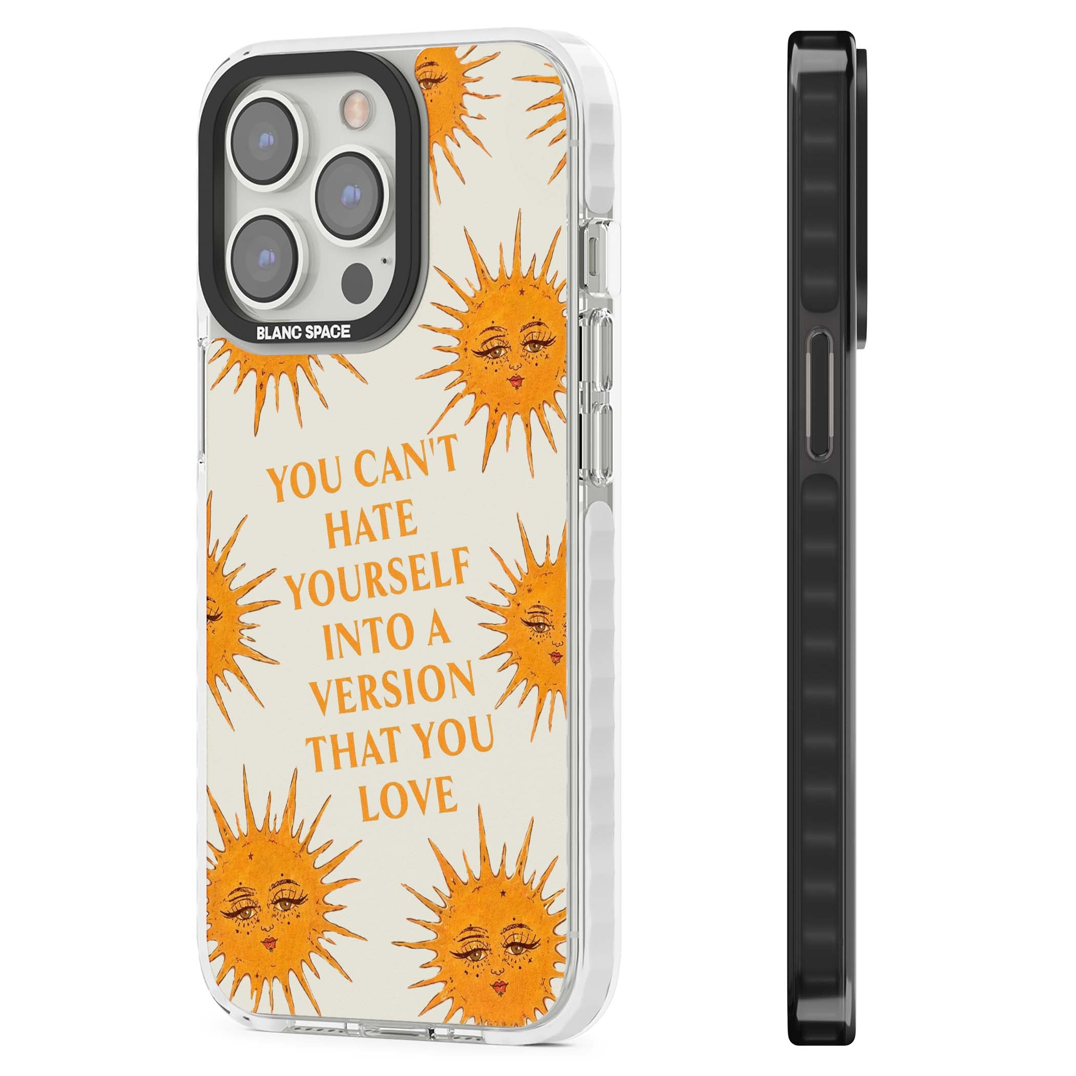 Don't Hate Yourself celestial iPhone case featuring vintage sun faces, ochre rays and a self-love quote | Impact Magsafe case for iPhone 13 Pro, iPhone 14 Pro, iPhone 15 Pro