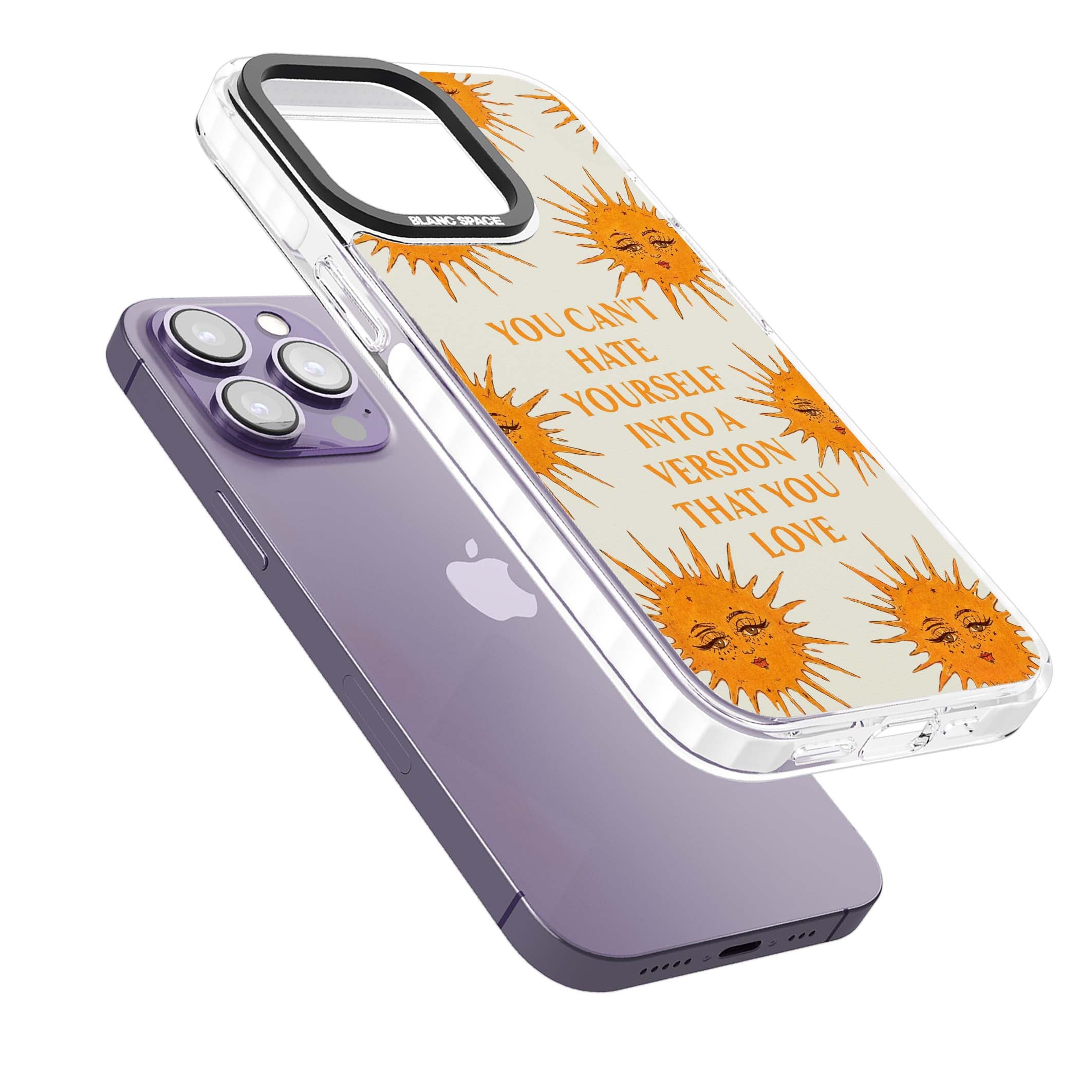 Don't Hate Yourself celestial iPhone case featuring vintage sun faces, ochre rays and a self-love quote | Impact Magsafe case for iPhone 13 Pro, iPhone 14 Pro, iPhone 15 Pro