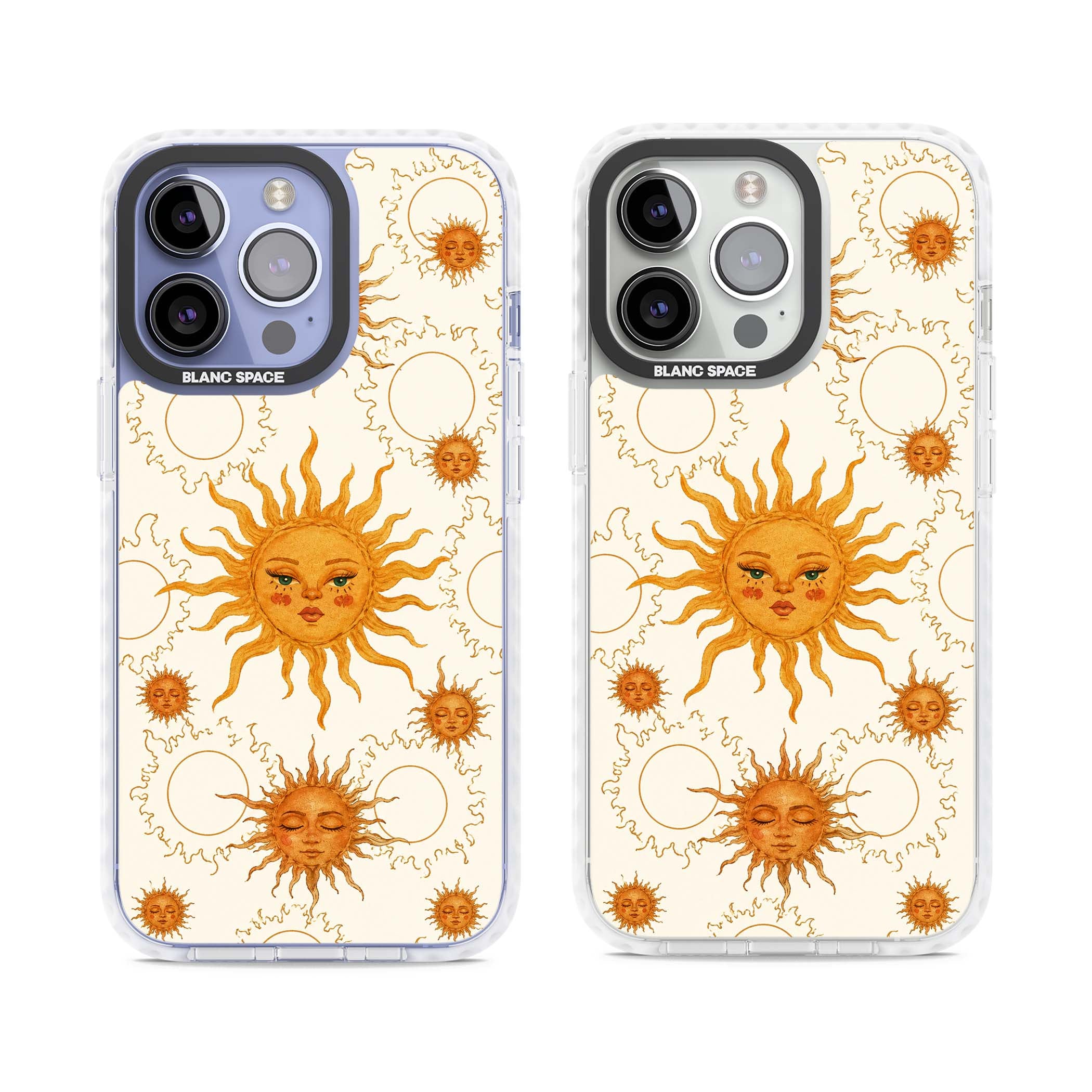 Solstice Muse celestial iPhone case featuring hand-painted golden sun faces, closed-eye sun goddesses and outlined moons... | Impact Magsafe case for iPhone 13 Pro, iPhone 14 Pro, iPhone 15 Pro