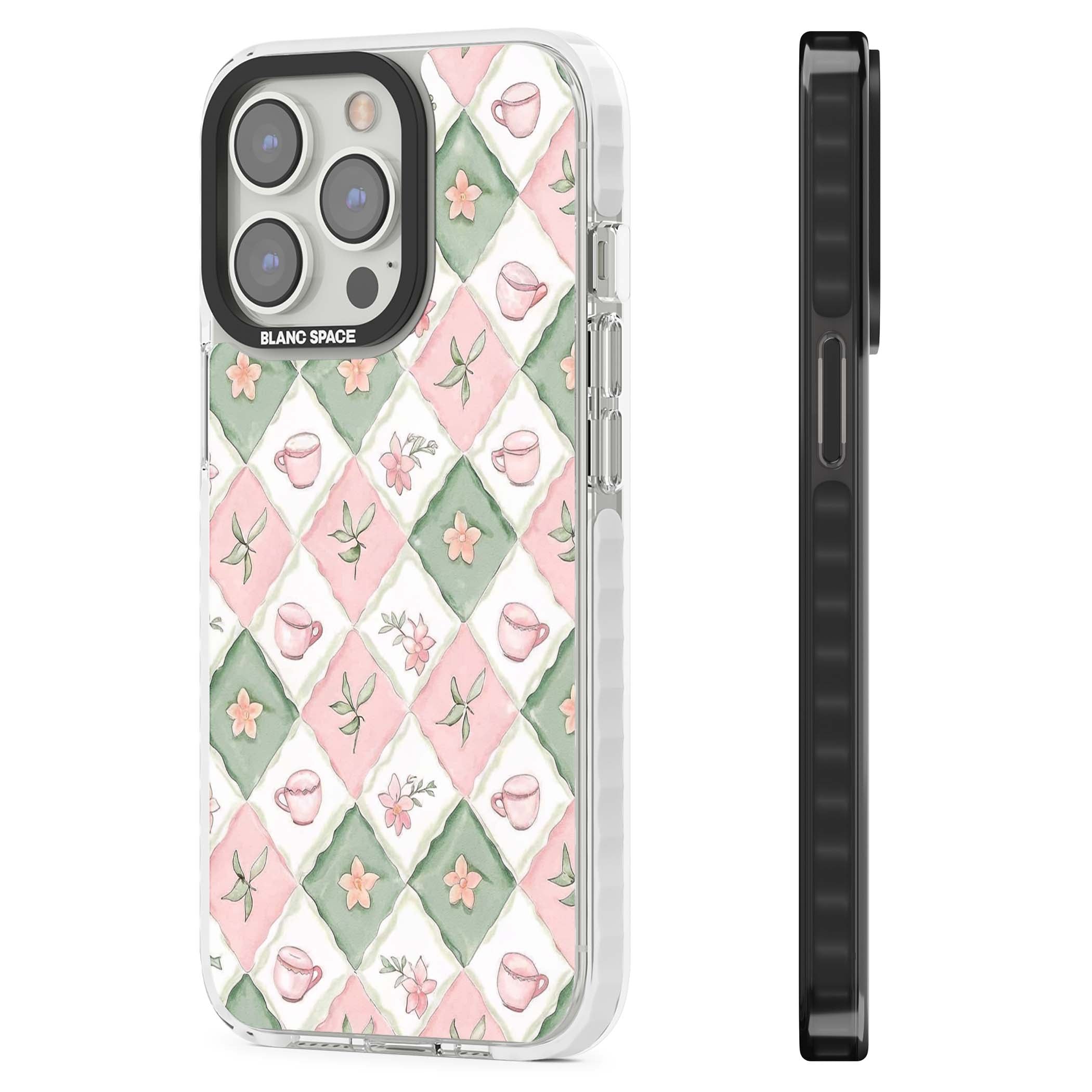 Garden Tea Party coquette iPhone case with pink and green checkered pattern, watercolour teacups and wildflowers | Impact Magsafe case for iPhone 13 Pro, iPhone 14 Pro, iPhone 15 Pro