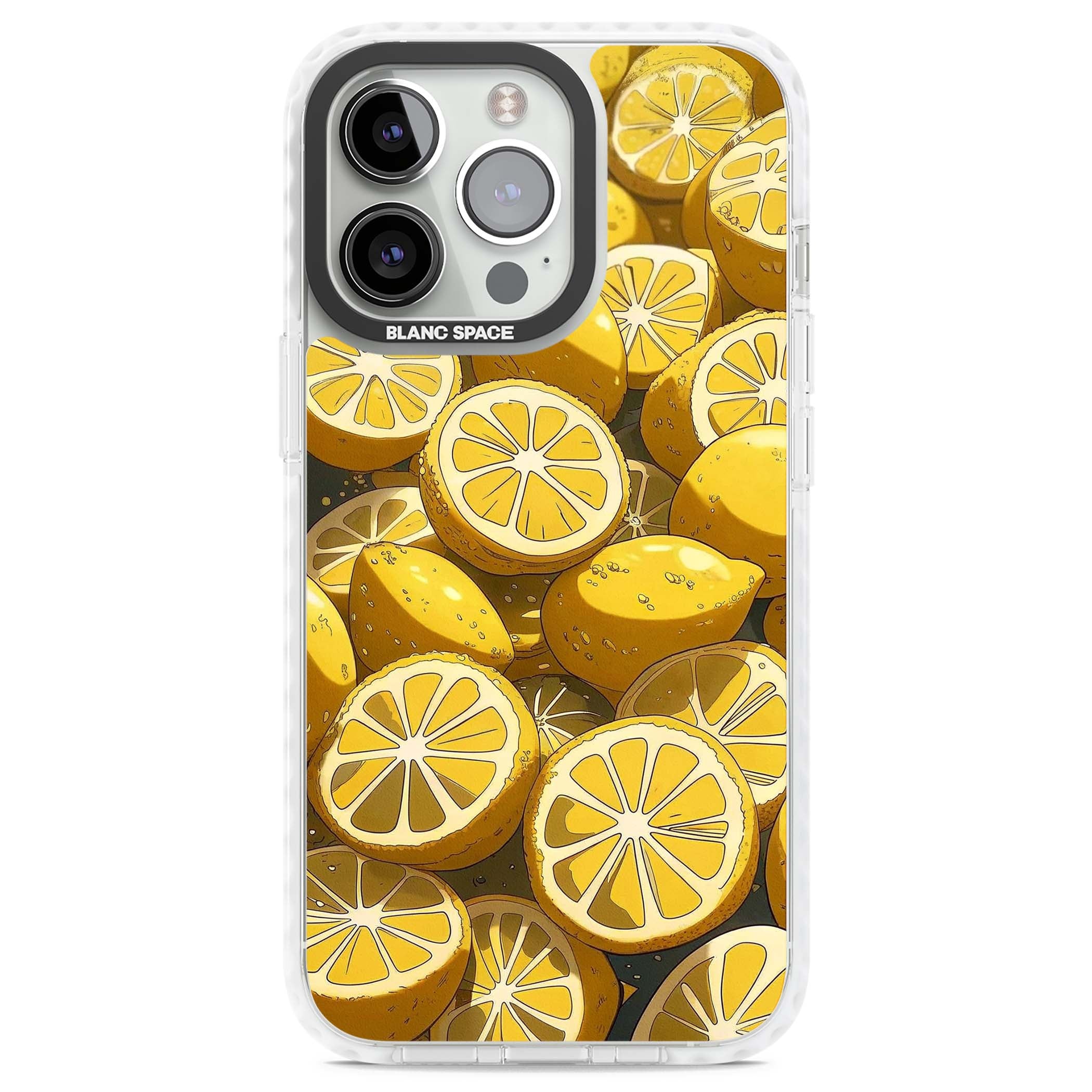 Zesty coastal iPhone case featuring illustrated Mediterranean lemons and citrus slices in golden yellow | Impact Magsafe case for iPhone 13 Pro, iPhone 14 Pro, iPhone 15 Pro