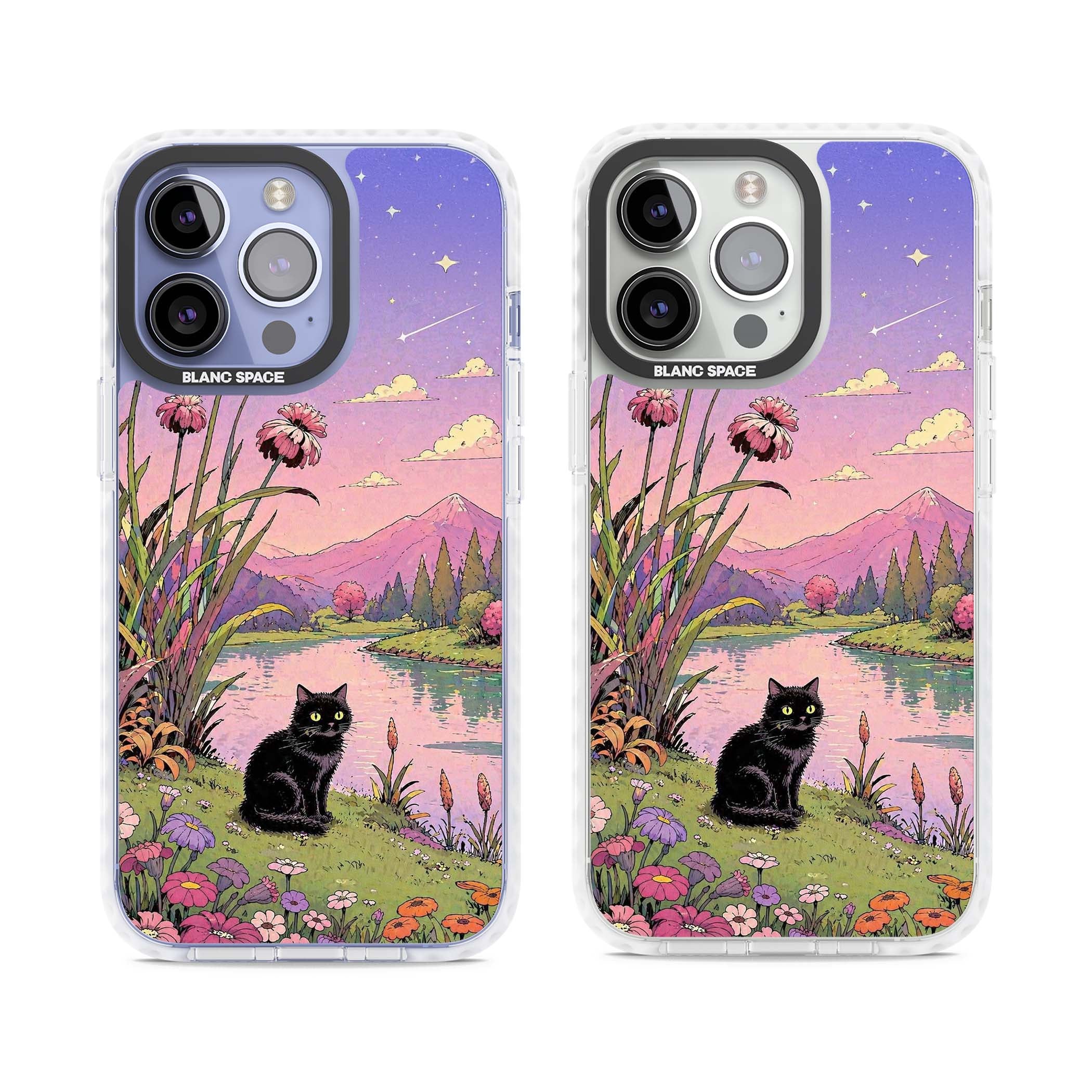 Mystic Whiskers ghibli iPhone case featuring a black cat by a pastel lake, wildflowers and a starry sunset sky | Clear Impact case for iPhone 13 Pro, iPhone 14 Pro, iPhone 15 Pro