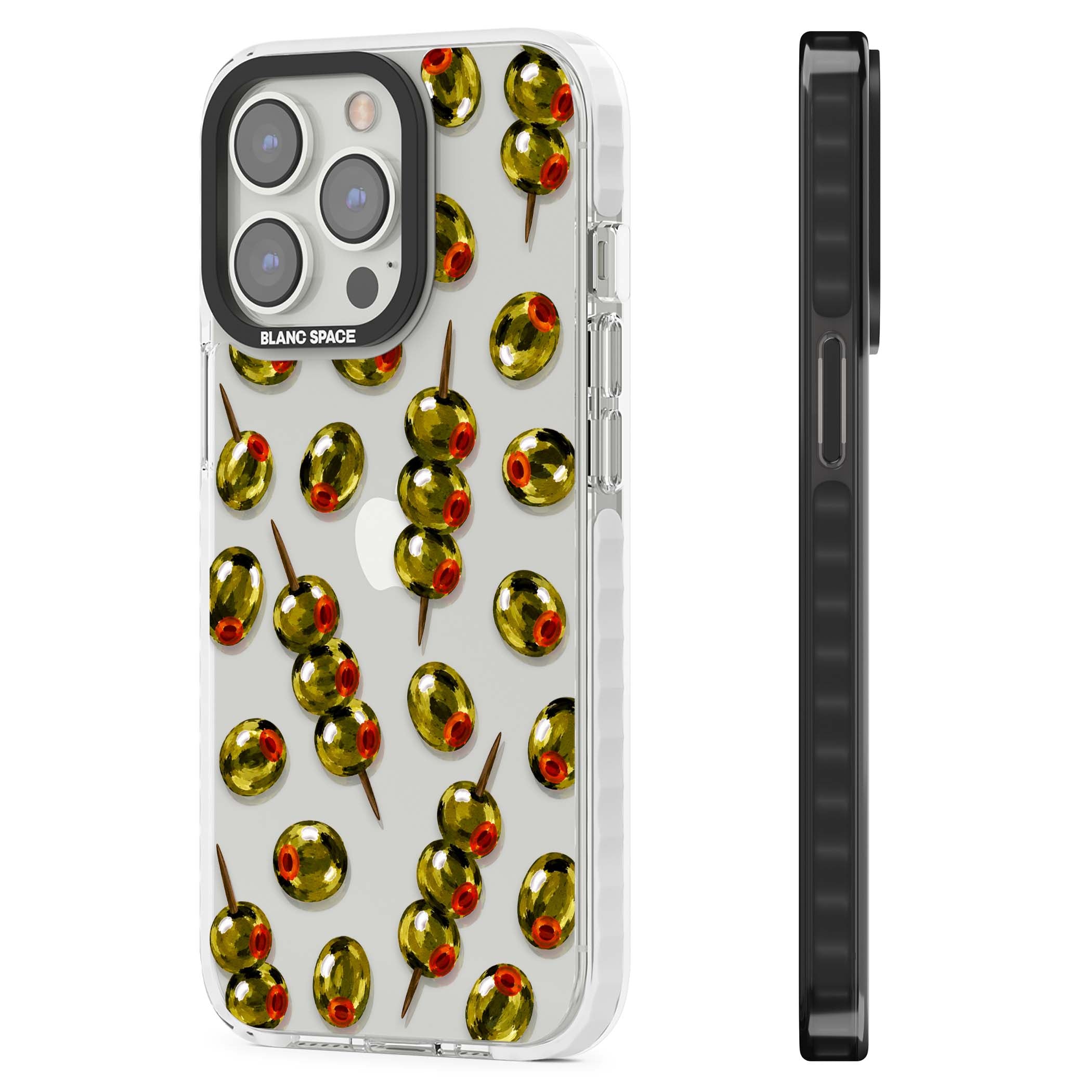 Painted Olives cocktail iPhone case featuring green olives, pimento centres and toothpick skewers on a clear background | Clear Impact case for iPhone 13 Pro, iPhone 14 Pro, iPhone 15 Pro