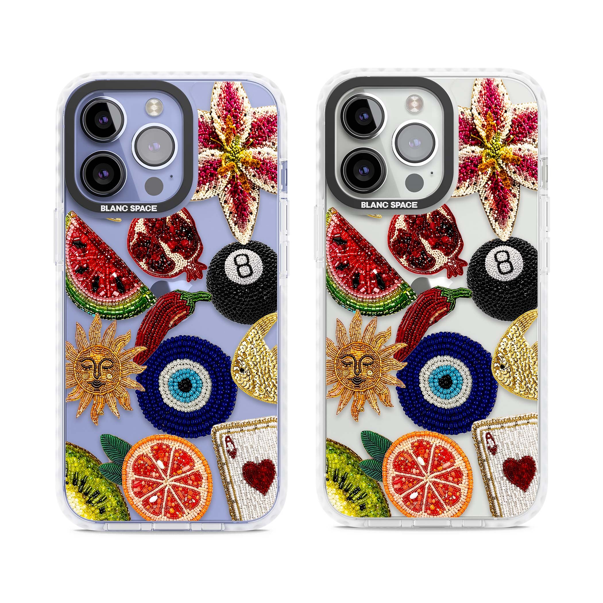 Beaded Charms embroidery iPhone case featuring beaded evil eye, fruit patches and a golden sun motif | Clear Impact case for iPhone 13 Pro, iPhone 14 Pro, iPhone 15 Pro