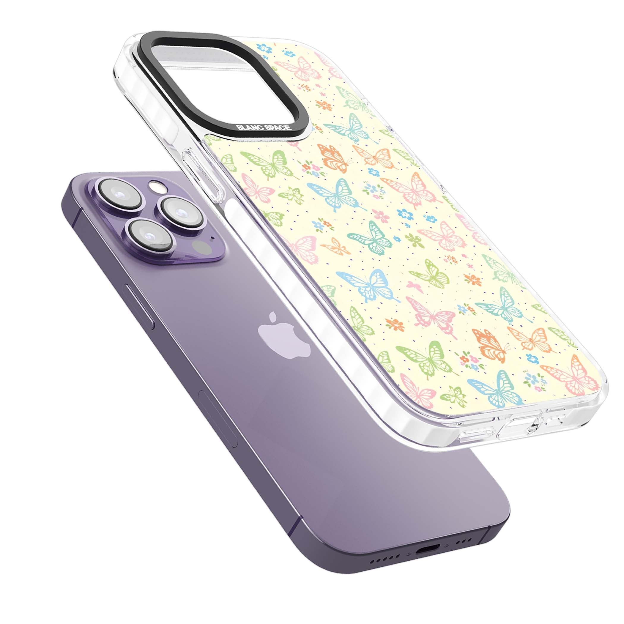 Sugar Wings cottagecore iPhone case featuring rainbow pastel butterflies, tiny wildflowers, and a cream background | Clear Impact case for iPhone 13 Pro, iPhone 14 Pro, iPhone 15 Pro