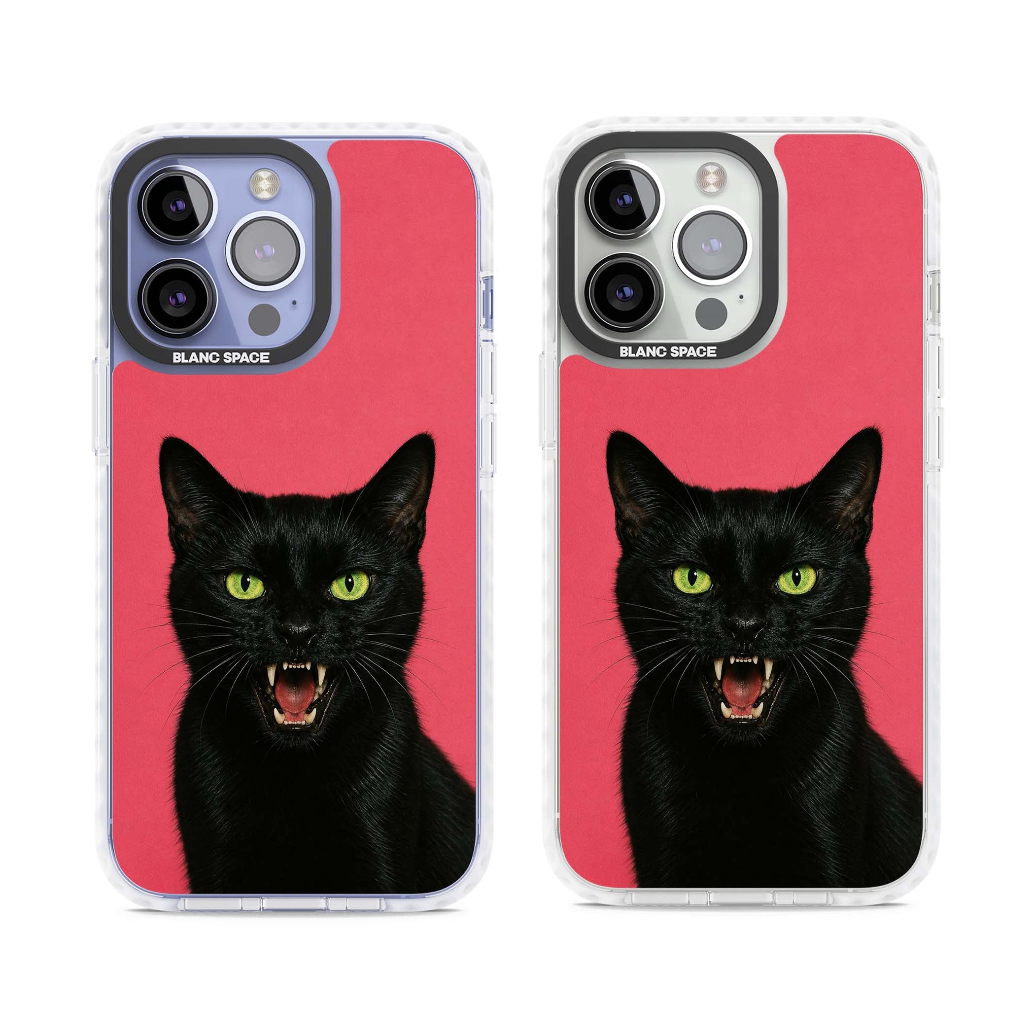 Hissin' Baddie black cat iPhone case featuring a hissing feline with green eyes on a hot pink background | Clear Impact case for iPhone 13 Pro, iPhone 14 Pro, iPhone 15 Pro