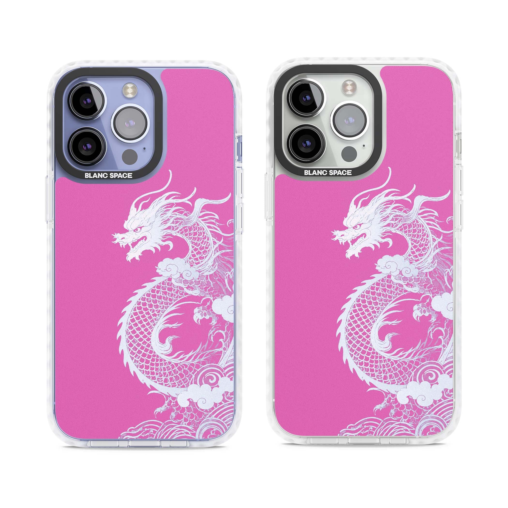 Pink Empress chinese dragon iPhone case featuring a white dragon, swirling clouds and pink dragon wallpaper backdrop | Clear Impact case for iPhone 13 Pro, iPhone 14 Pro, iPhone 15 Pro