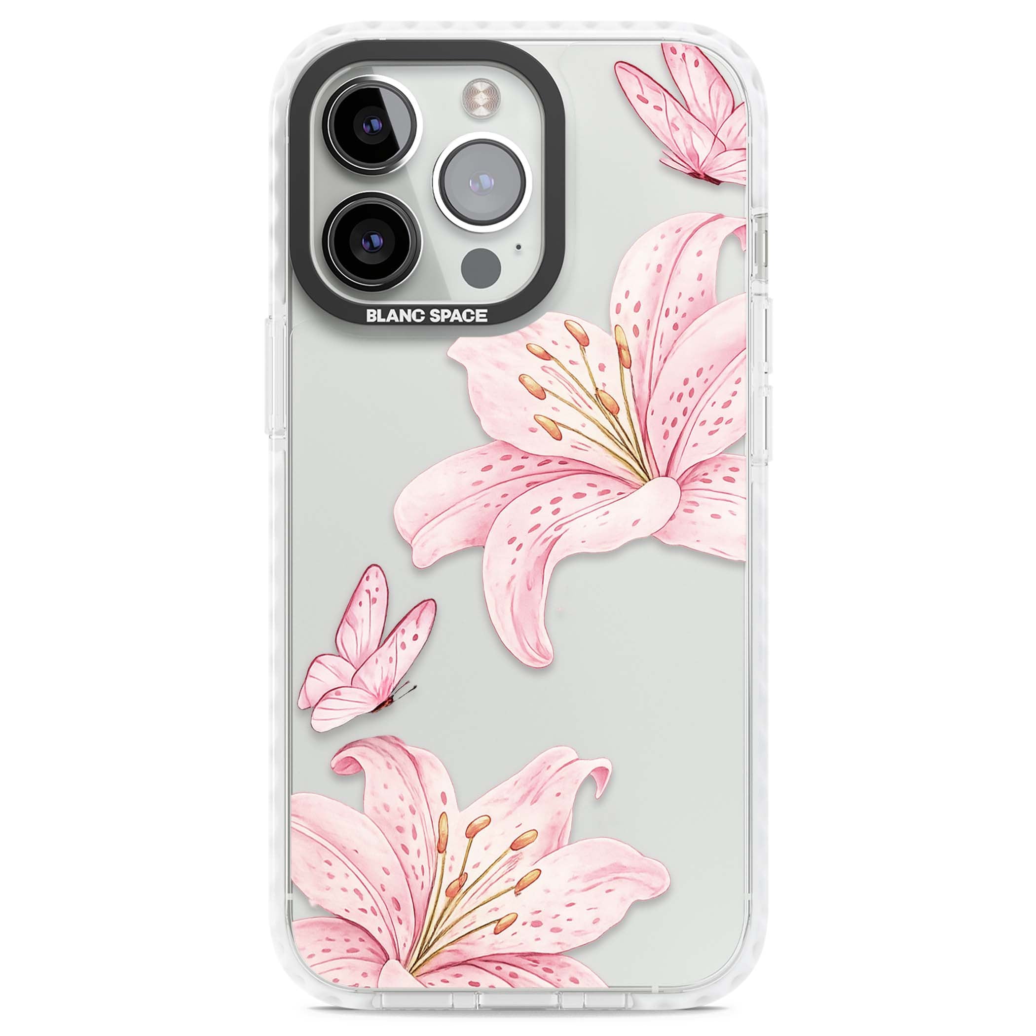 Lily Whisper floral iPhone case featuring pink watercolour lilies and delicate butterflies on a clear background | Clear Impact case for iPhone 13 Pro, iPhone 14 Pro, iPhone 15 Pro