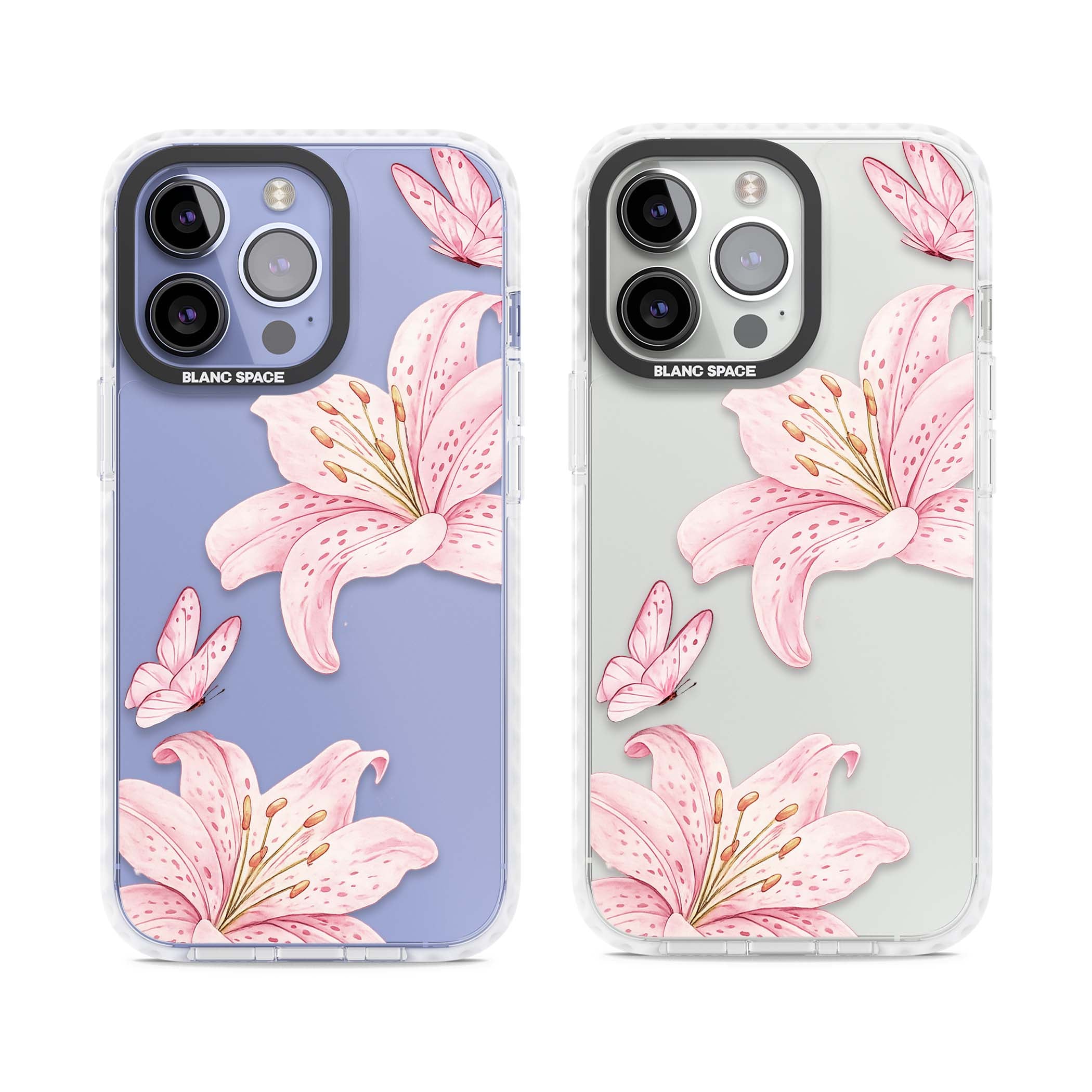 Lily Whisper floral iPhone case featuring pink watercolour lilies and delicate butterflies on a clear background | Clear Impact case for iPhone 13 Pro, iPhone 14 Pro, iPhone 15 Pro