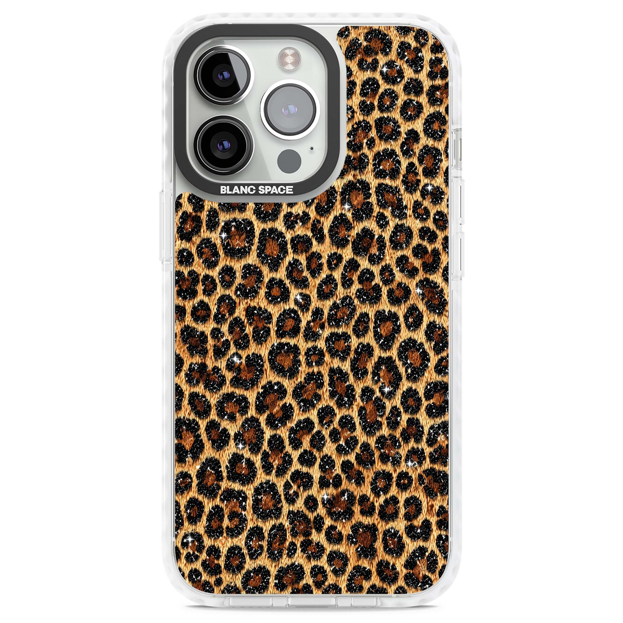 Diamond Leopard leopard print iPhone case featuring golden tan fur, black rosette spots and subtle glitter sparkle | Clear Impact case for iPhone 13 Pro, iPhone 14 Pro, iPhone 15 Pro