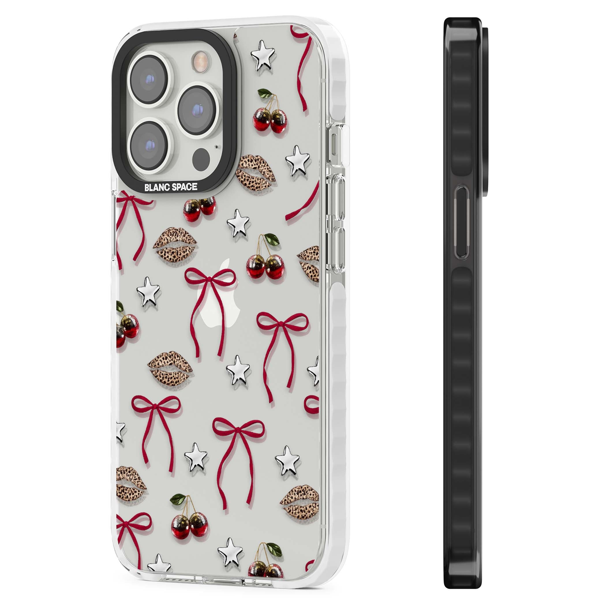 Starlet coquette iPhone case featuring red ribbon bows, disco cherries and leopard-print lips | Clear Impact case for iPhone 13 Pro, iPhone 14 Pro, iPhone 15 Pro