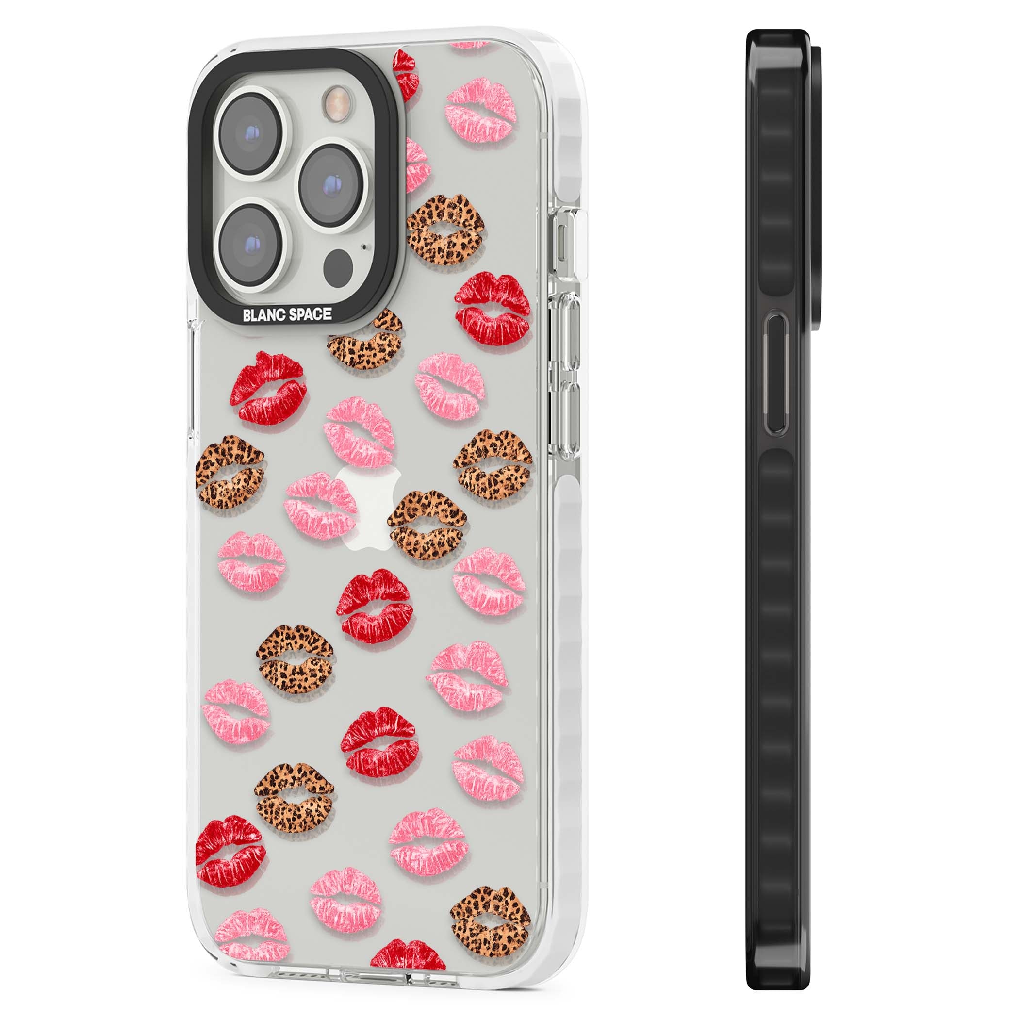 Wild Kisses coquette iPhone case featuring red, pink and leopard print lipstick kiss marks on a clear background | Clear Impact case for iPhone 13 Pro, iPhone 14 Pro, iPhone 15 Pro