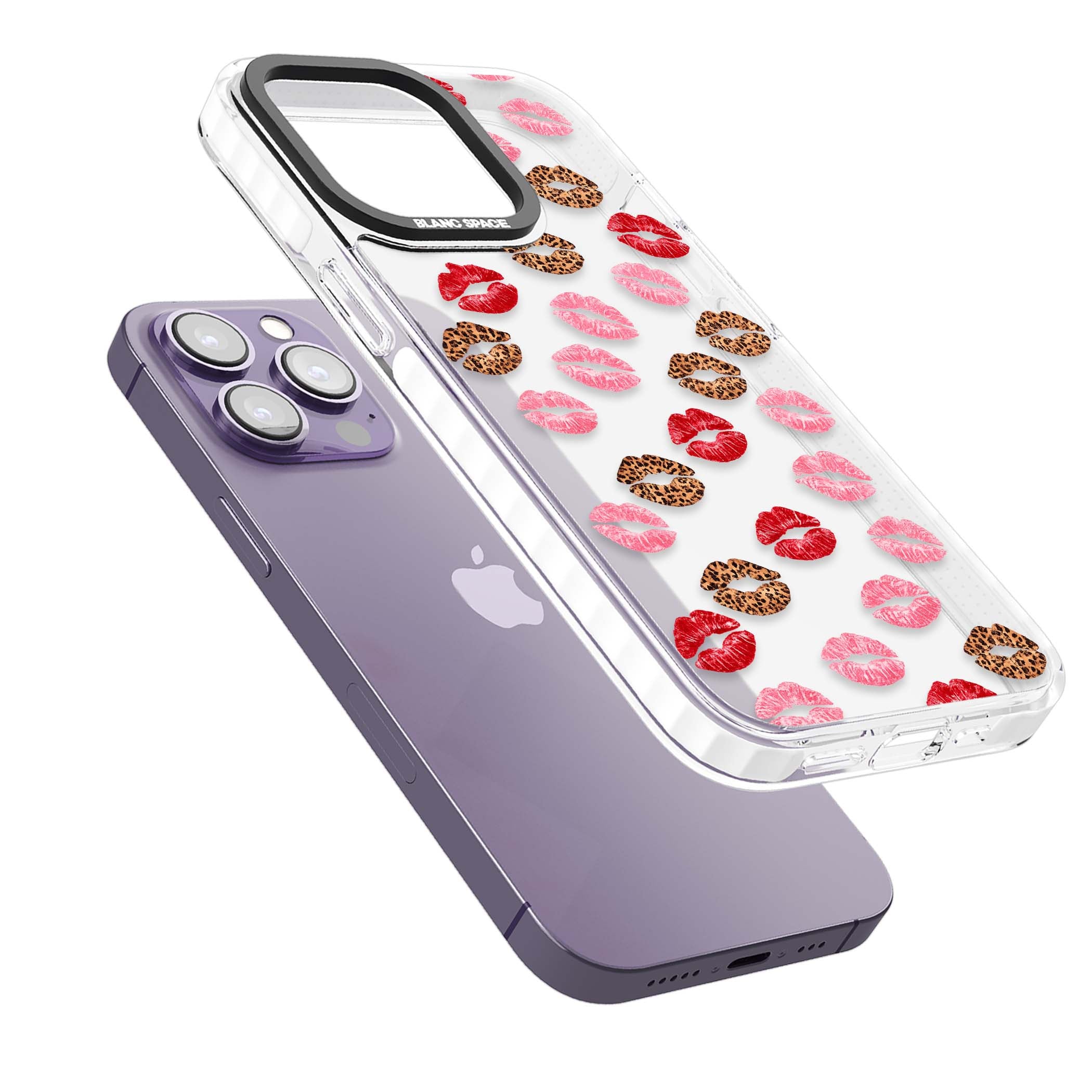 Wild Kisses coquette iPhone case featuring red, pink and leopard print lipstick kiss marks on a clear background | Clear Impact case for iPhone 13 Pro, iPhone 14 Pro, iPhone 15 Pro