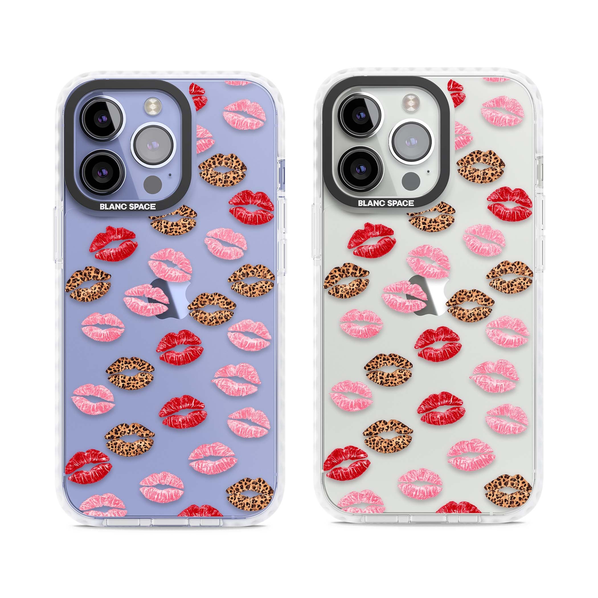 Wild Kisses coquette iPhone case featuring red, pink and leopard print lipstick kiss marks on a clear background | Clear Impact case for iPhone 13 Pro, iPhone 14 Pro, iPhone 15 Pro