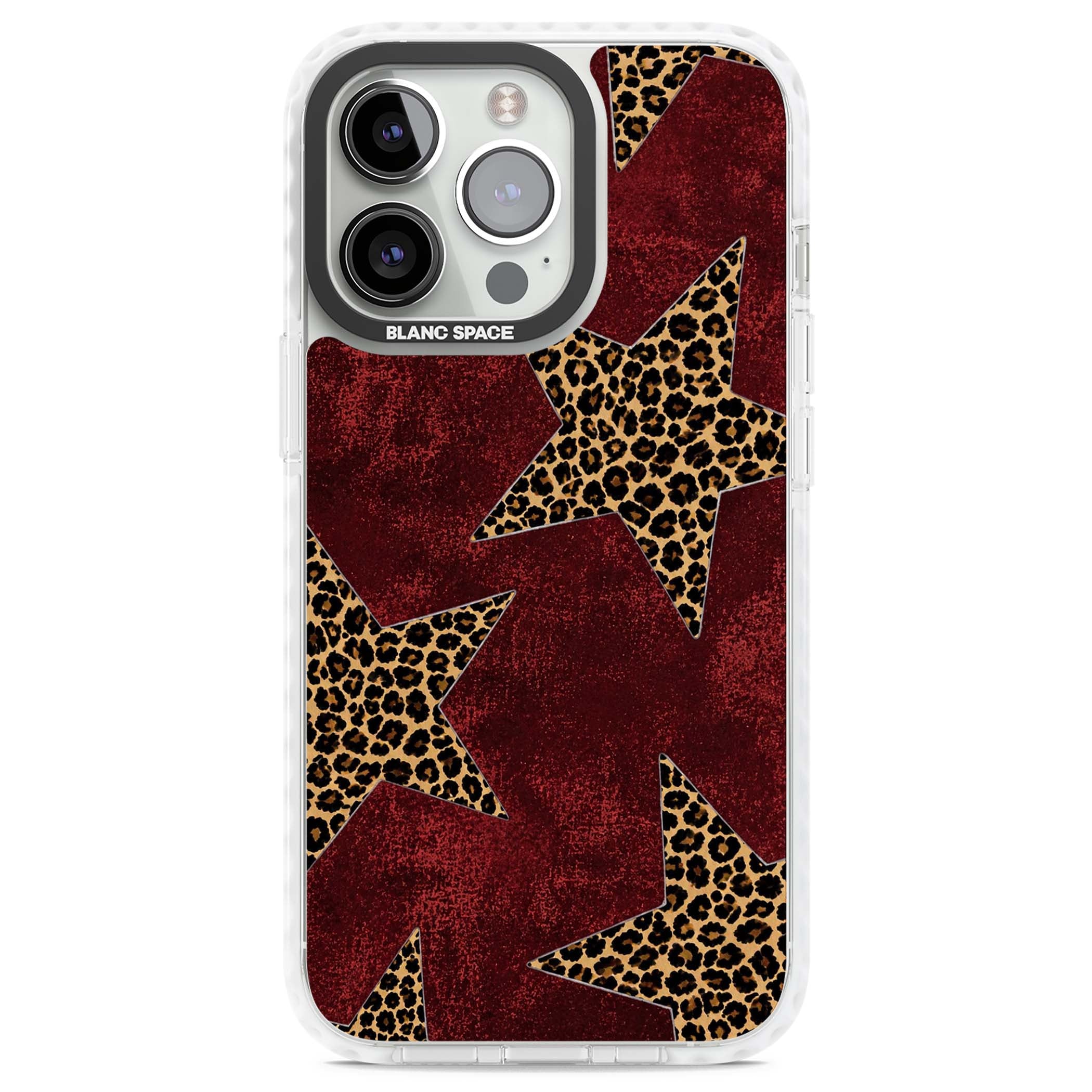 Showgirl leopard print iPhone case featuring cheetah print stars on distressed red grunge background | Clear Impact case for iPhone 13 Pro, iPhone 14 Pro, iPhone 15 Pro