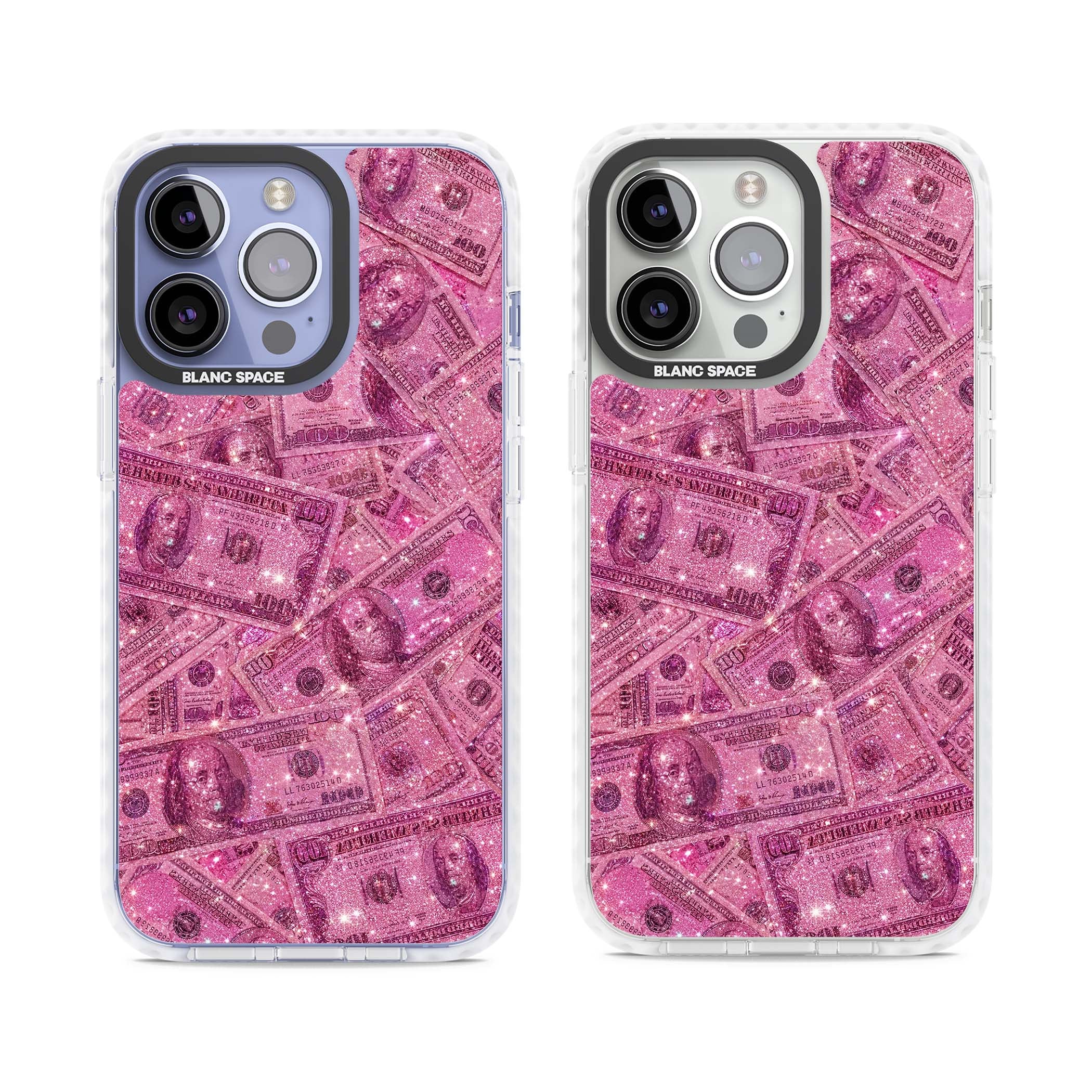Glamorous baddie iPhone case featuring pink glitter hundred dollar bills and sparkling money wallpaper design | Clear Impact case for iPhone 13 Pro, iPhone 14 Pro, iPhone 15 Pro