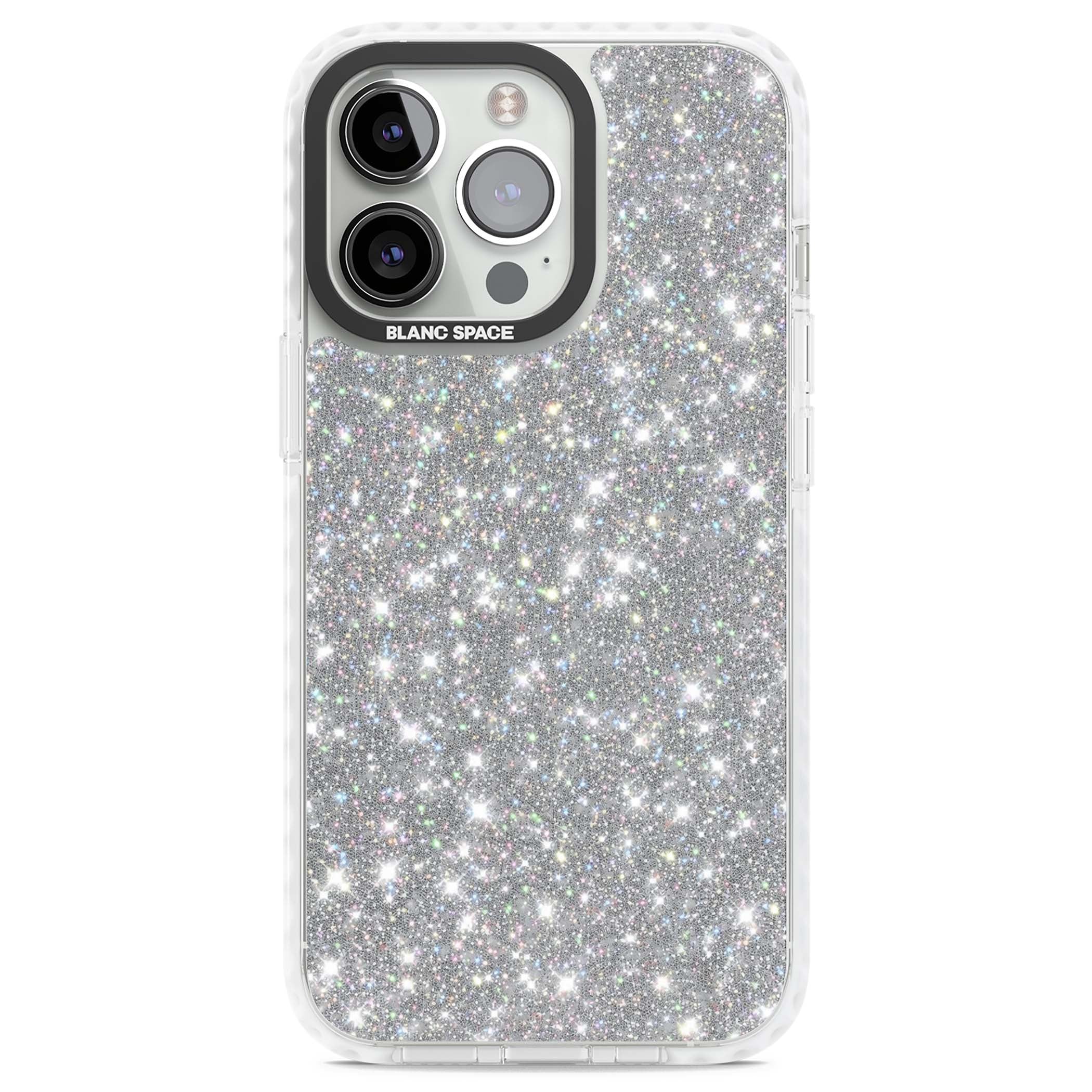 Diamond glam iPhone case featuring silver glitter sparkle and shimmering diamond dust effect | Clear Impact case for iPhone 13 Pro, iPhone 14 Pro, iPhone 15 Pro