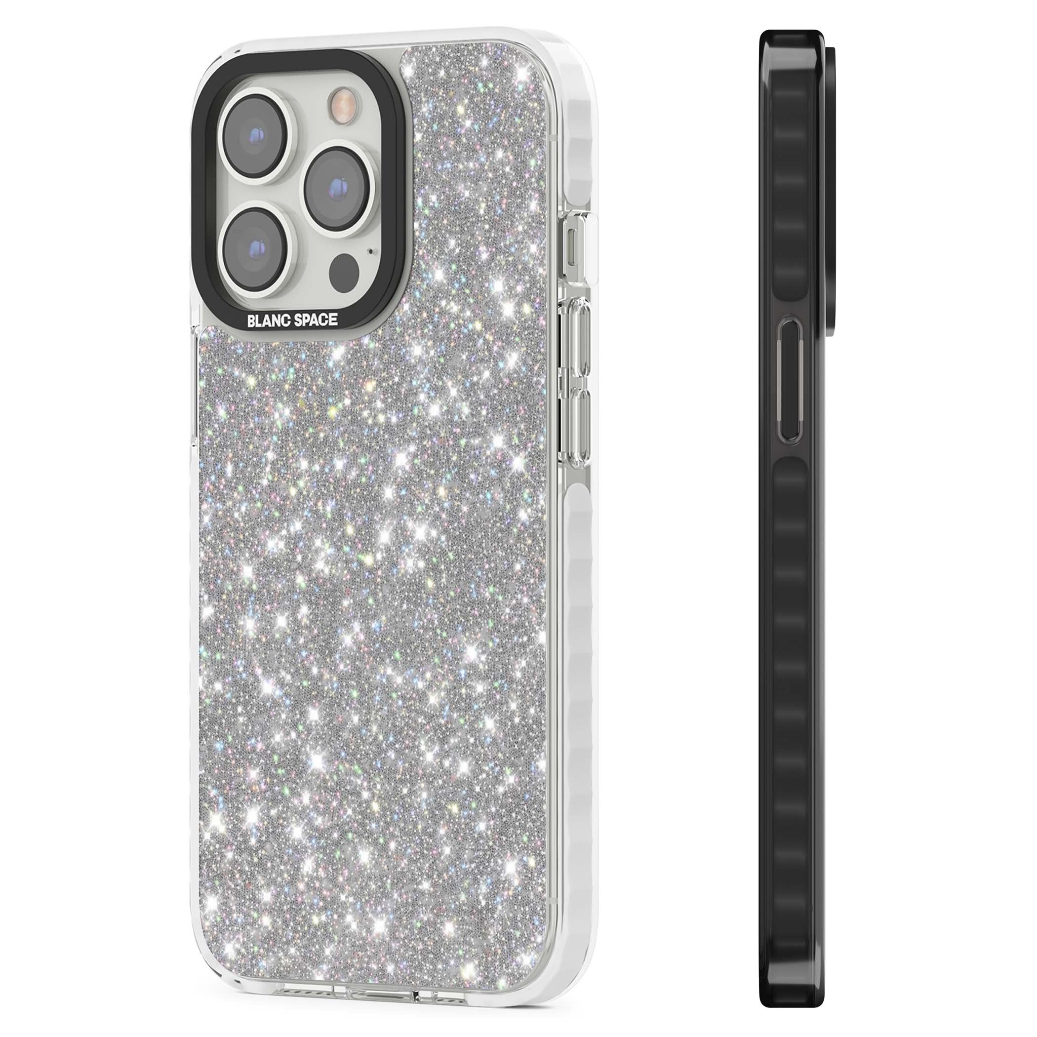 Diamond glam iPhone case featuring silver glitter sparkle and shimmering diamond dust effect | Clear Impact case for iPhone 13 Pro, iPhone 14 Pro, iPhone 15 Pro