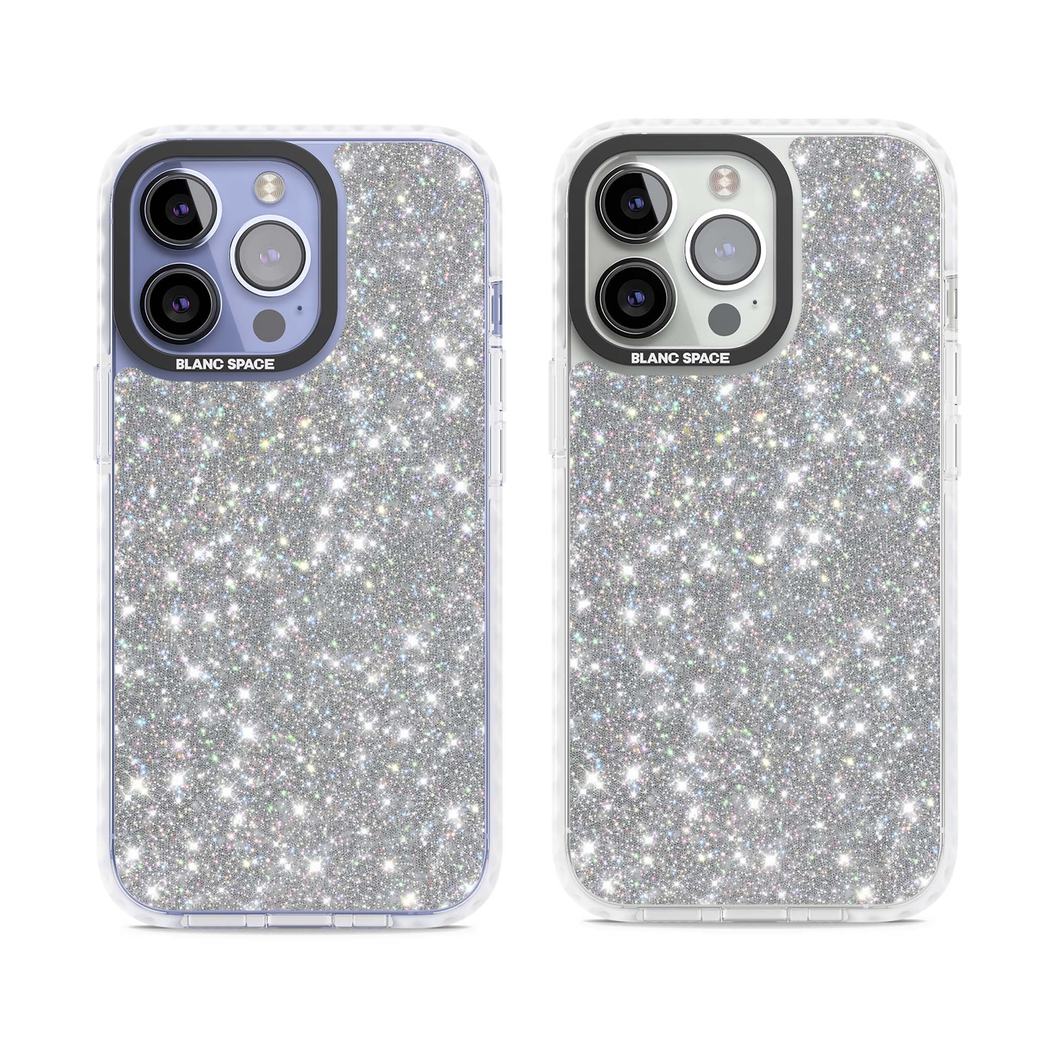 Diamond glam iPhone case featuring silver glitter sparkle and shimmering diamond dust effect | Clear Impact case for iPhone 13 Pro, iPhone 14 Pro, iPhone 15 Pro