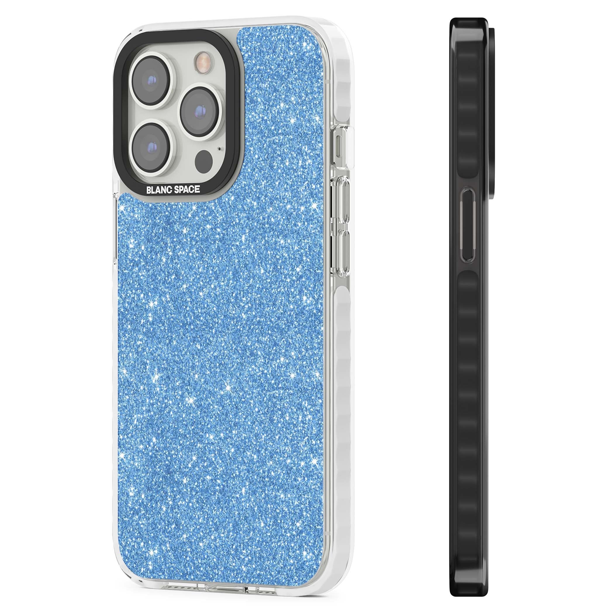 Blue Glitter blue glitter iPhone case featuring dense sparkling cerulean glitter with a glamorous shimmering finish | Clear Impact case for iPhone 13 Pro, iPhone 14 Pro, iPhone 15 Pro