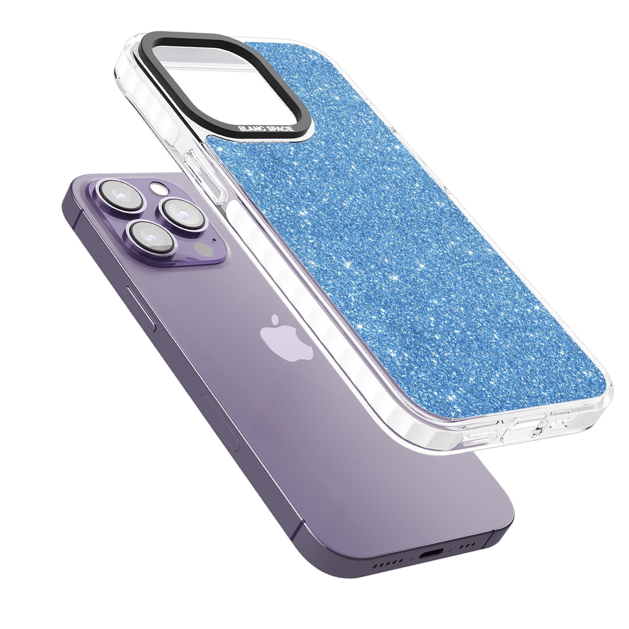 Blue Glitter blue glitter iPhone case featuring dense sparkling cerulean glitter with a glamorous shimmering finish | Clear Impact case for iPhone 13 Pro, iPhone 14 Pro, iPhone 15 Pro