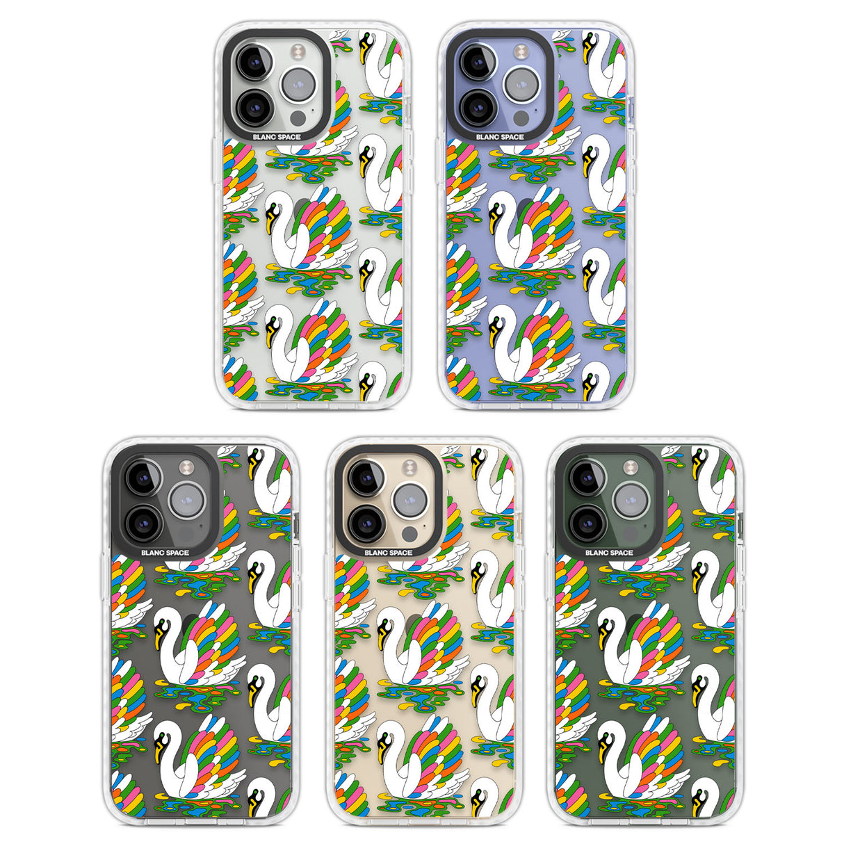 Colourful Swan Pattern Clear Impact Phone Case for iPhone 13 Pro, iPhone 14 Pro, iPhone 15 Pro