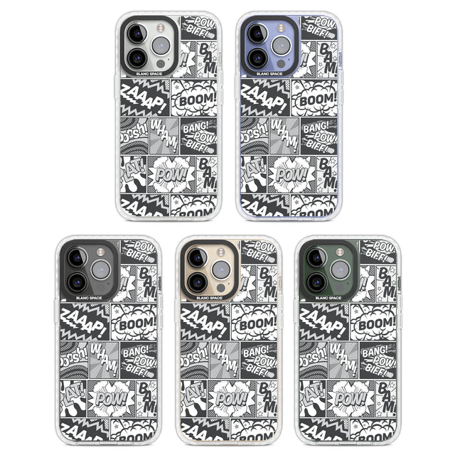 Onomatopoeia (Black & White) Clear Impact Phone Case for iPhone 13 Pro, iPhone 14 Pro, iPhone 15 Pro