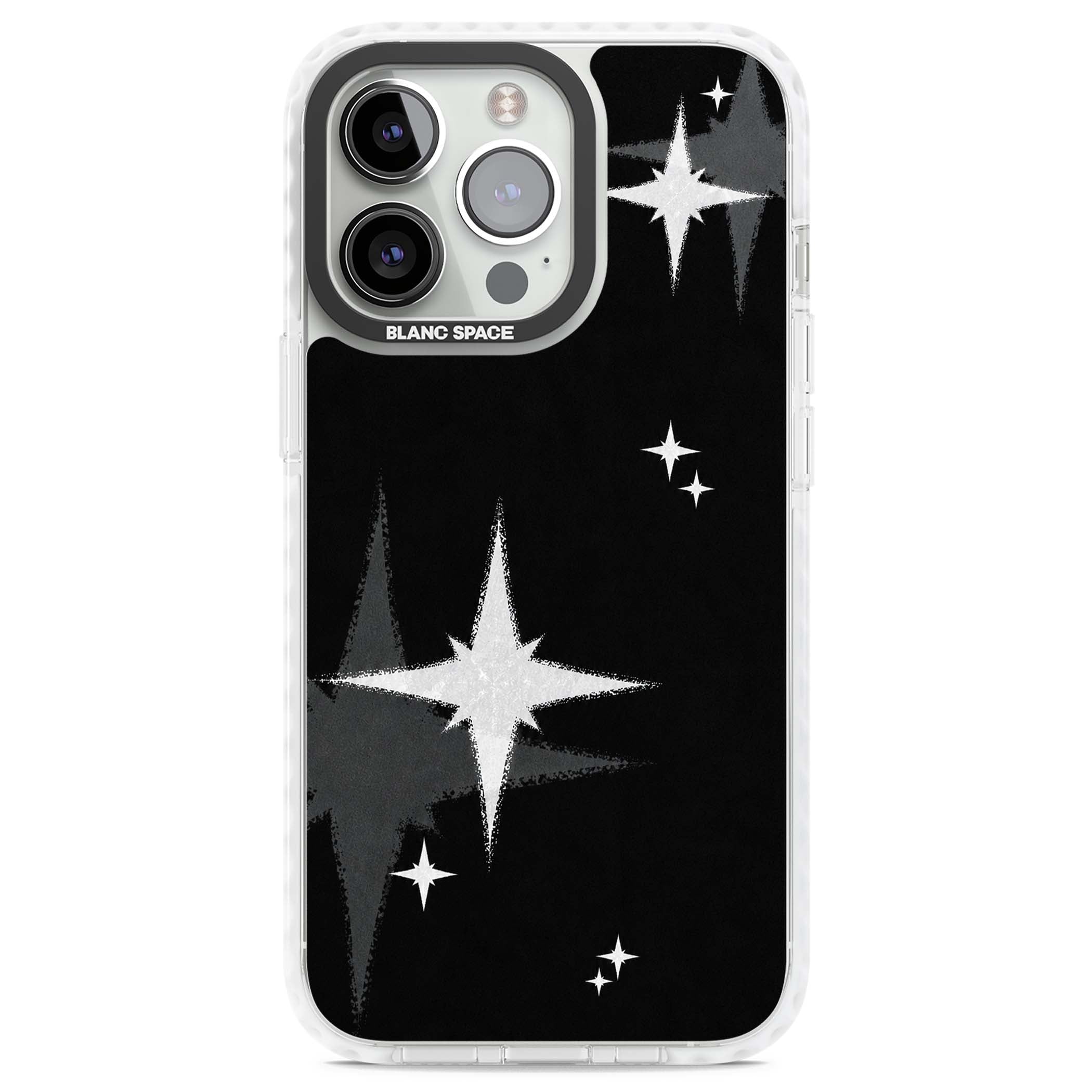 Black Sparkle celestial iPhone case featuring white sparkle stars on a black night sky background | Clear Impact case for iPhone 13 Pro, iPhone 14 Pro, iPhone 15 Pro
