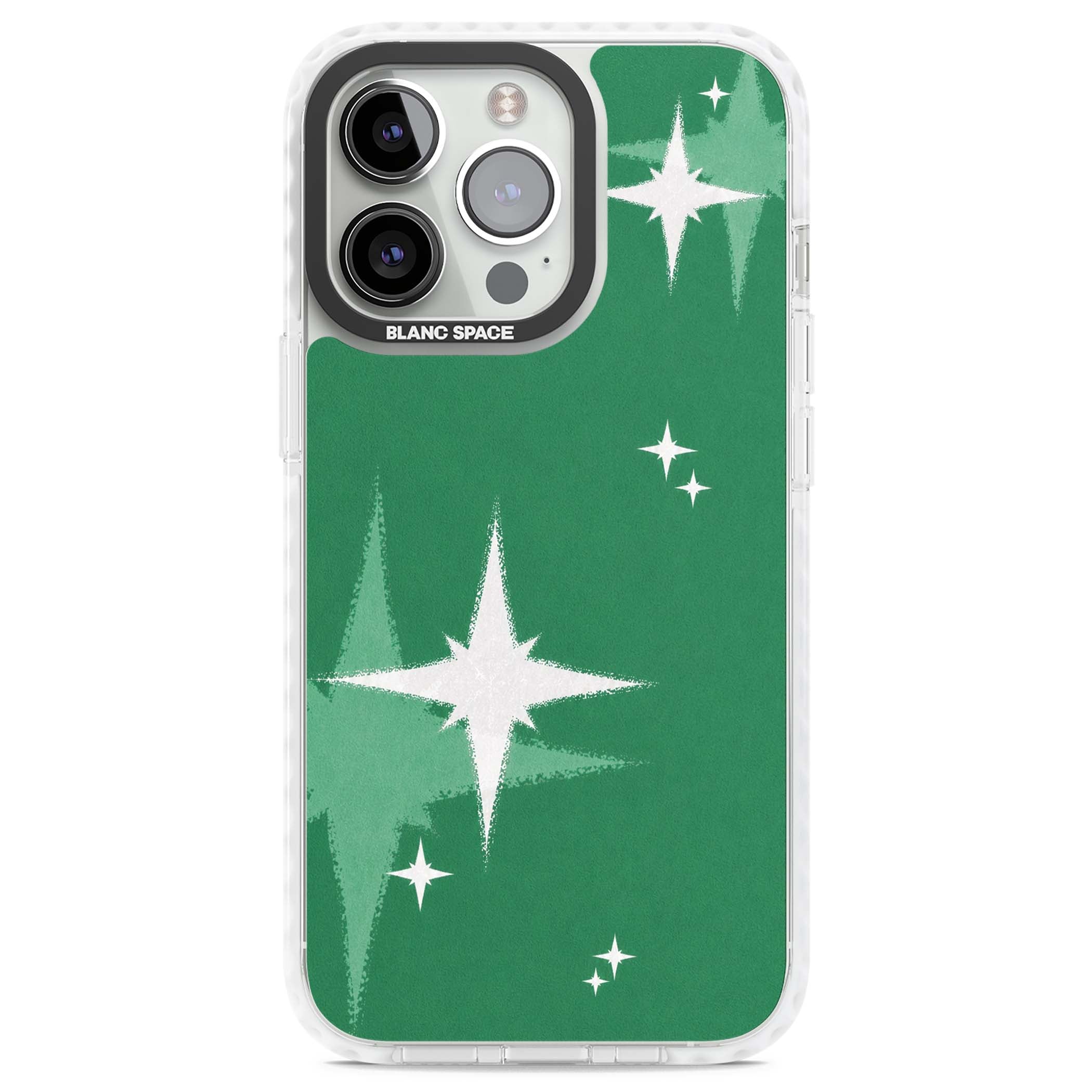 Green Sparkle celestial iPhone case featuring sparkling white four-point stars on a deep green background | Clear Impact case for iPhone 13 Pro, iPhone 14 Pro, iPhone 15 Pro
