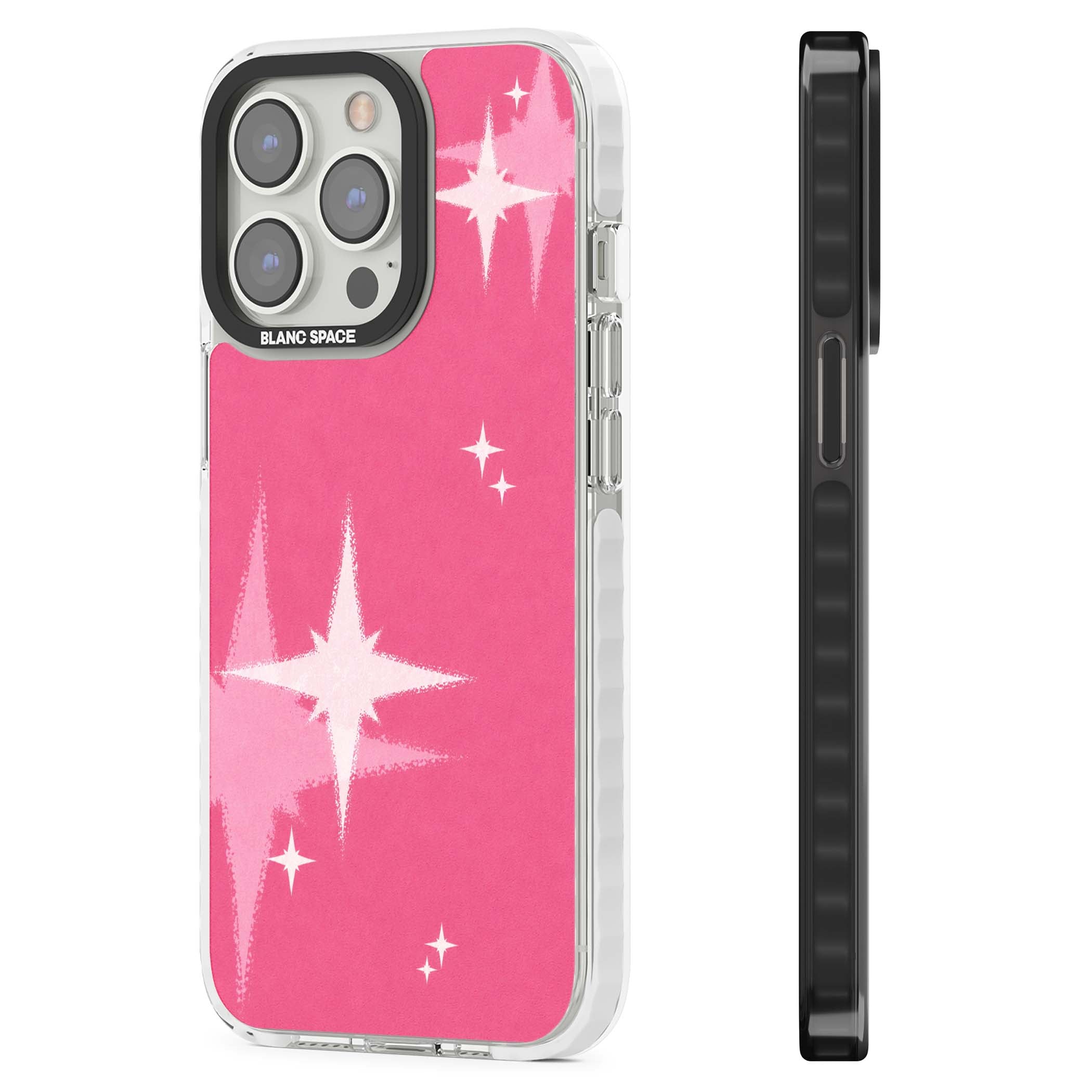 Pink Sparkle Y2K iPhone case featuring hot pink background with shimmering white starburst pattern | Clear Impact case for iPhone 13 Pro, iPhone 14 Pro, iPhone 15 Pro