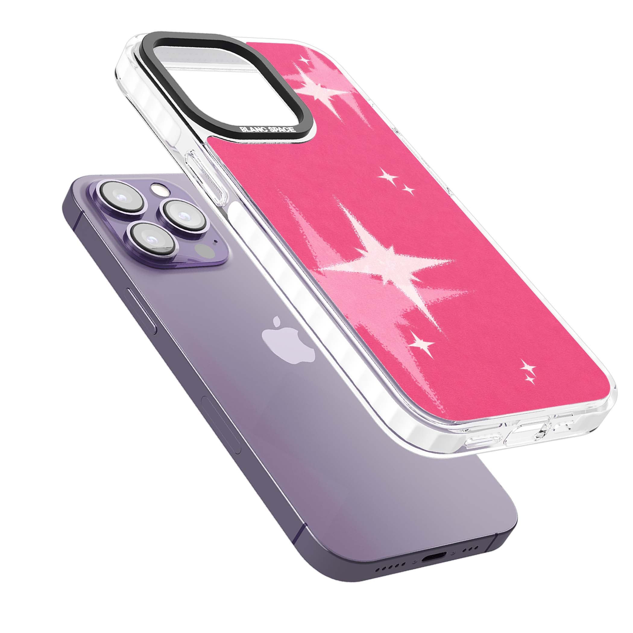 Pink Sparkle Y2K iPhone case featuring hot pink background with shimmering white starburst pattern | Clear Impact case for iPhone 13 Pro, iPhone 14 Pro, iPhone 15 Pro