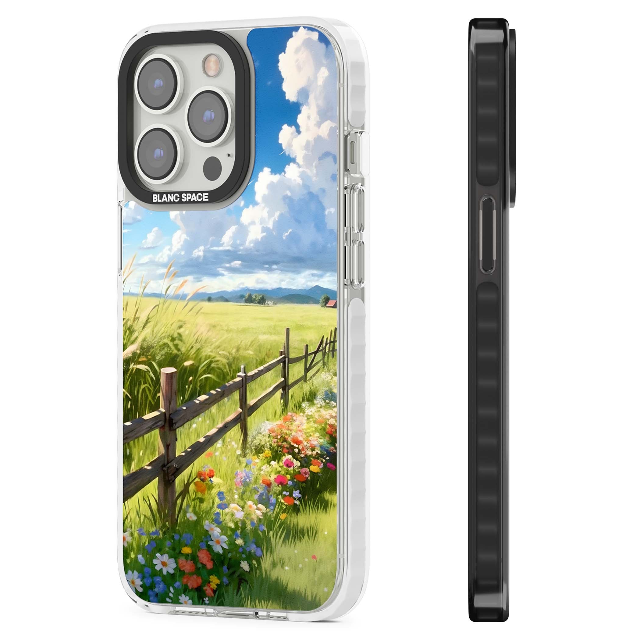 A Countryside Afternoon cottagecore iPhone case featuring a painted countryside meadow, wooden fence, and wildflowers beneath | Clear Impact case for iPhone 13 Pro, iPhone 14 Pro, iPhone 15 Pro