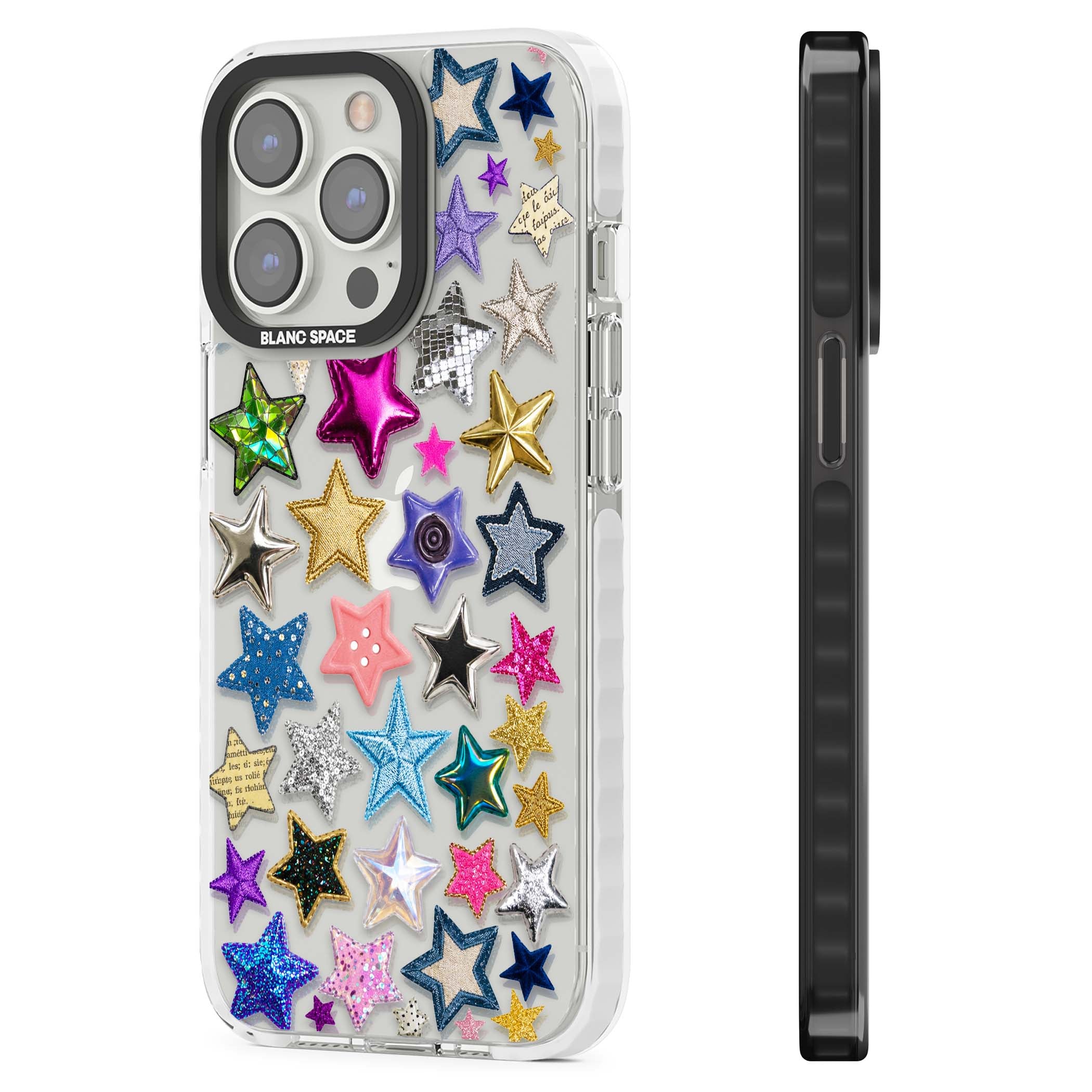 Crafty Star Mix Y2K iPhone case featuring embroidered, sequinned and glitter star patches in rainbow colours | Clear Impact case for iPhone 13 Pro, iPhone 14 Pro, iPhone 15 Pro