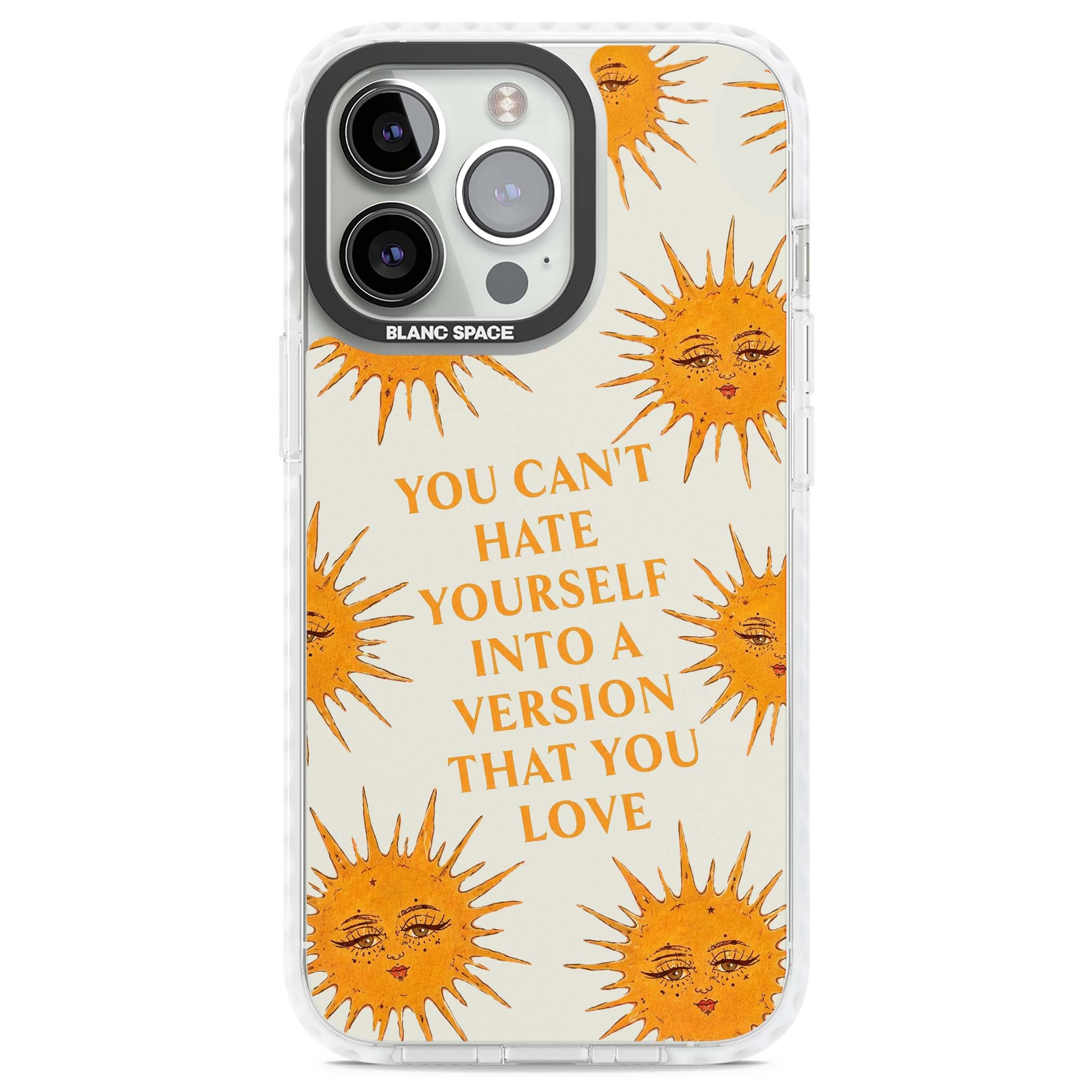 Don't Hate Yourself celestial iPhone case featuring vintage sun faces, ochre rays and a self-love quote | Clear Impact case for iPhone 13 Pro, iPhone 14 Pro, iPhone 15 Pro