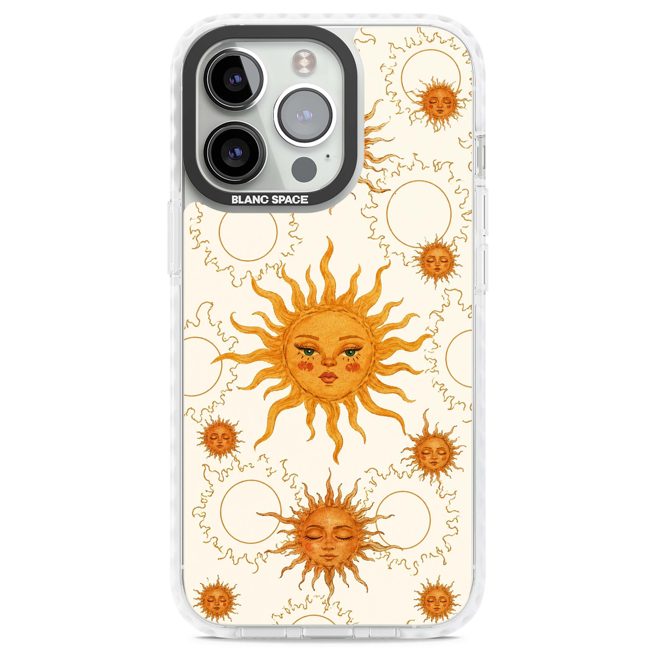 Solstice Muse celestial iPhone case featuring hand-painted golden sun faces, closed-eye sun goddesses and outlined moons... | Clear Impact case for iPhone 13 Pro, iPhone 14 Pro, iPhone 15 Pro
