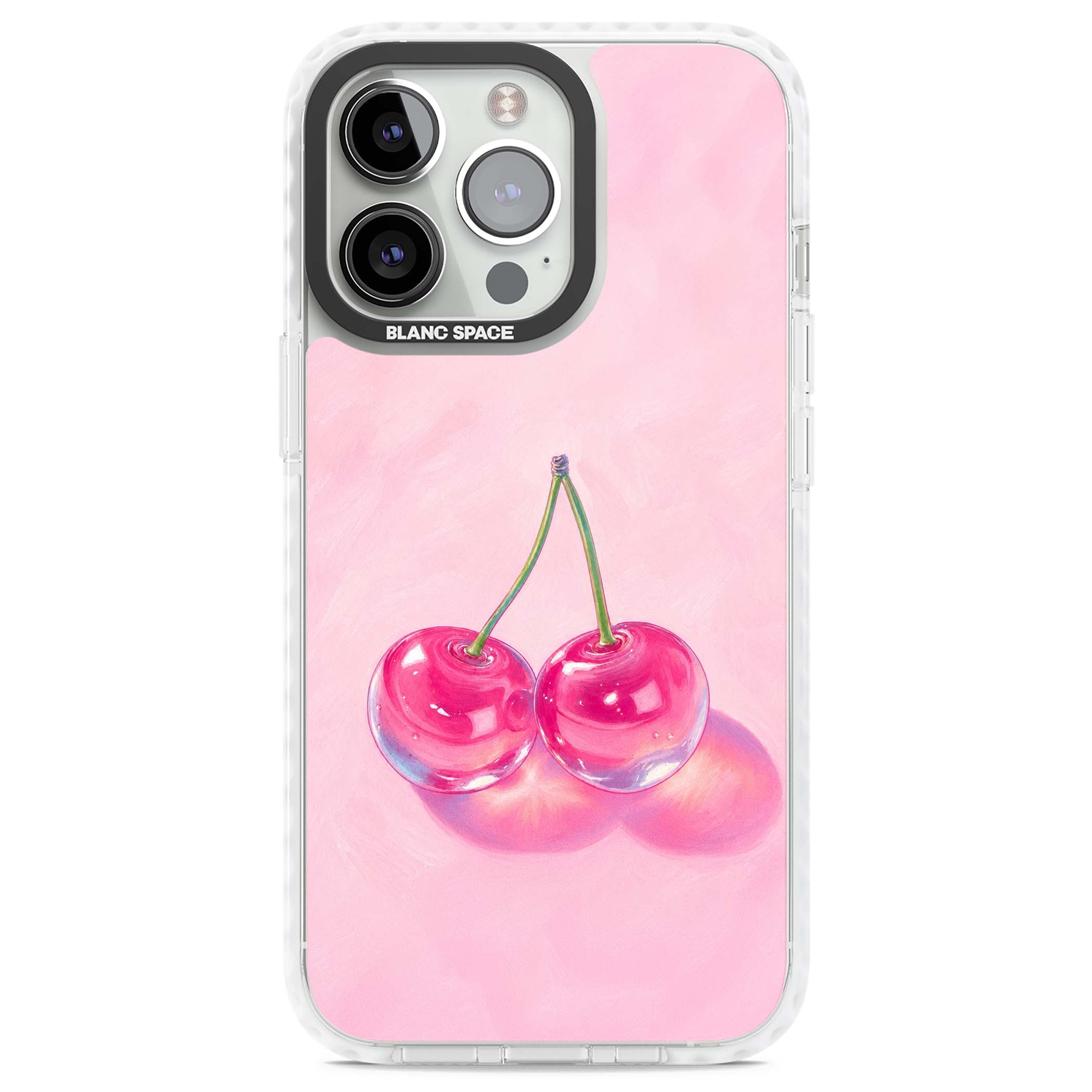 Pink Glass Cherry coquette iPhone case featuring two glossy painted cherries on a soft pink background | Clear Impact case for iPhone 13 Pro, iPhone 14 Pro, iPhone 15 Pro