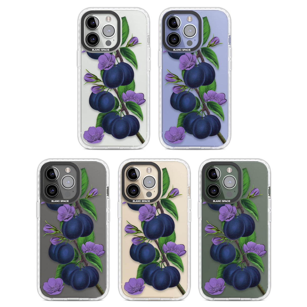 Vintage Painted Plums Clear Impact Phone Case for iPhone 13 Pro, iPhone 14 Pro, iPhone 15 Pro