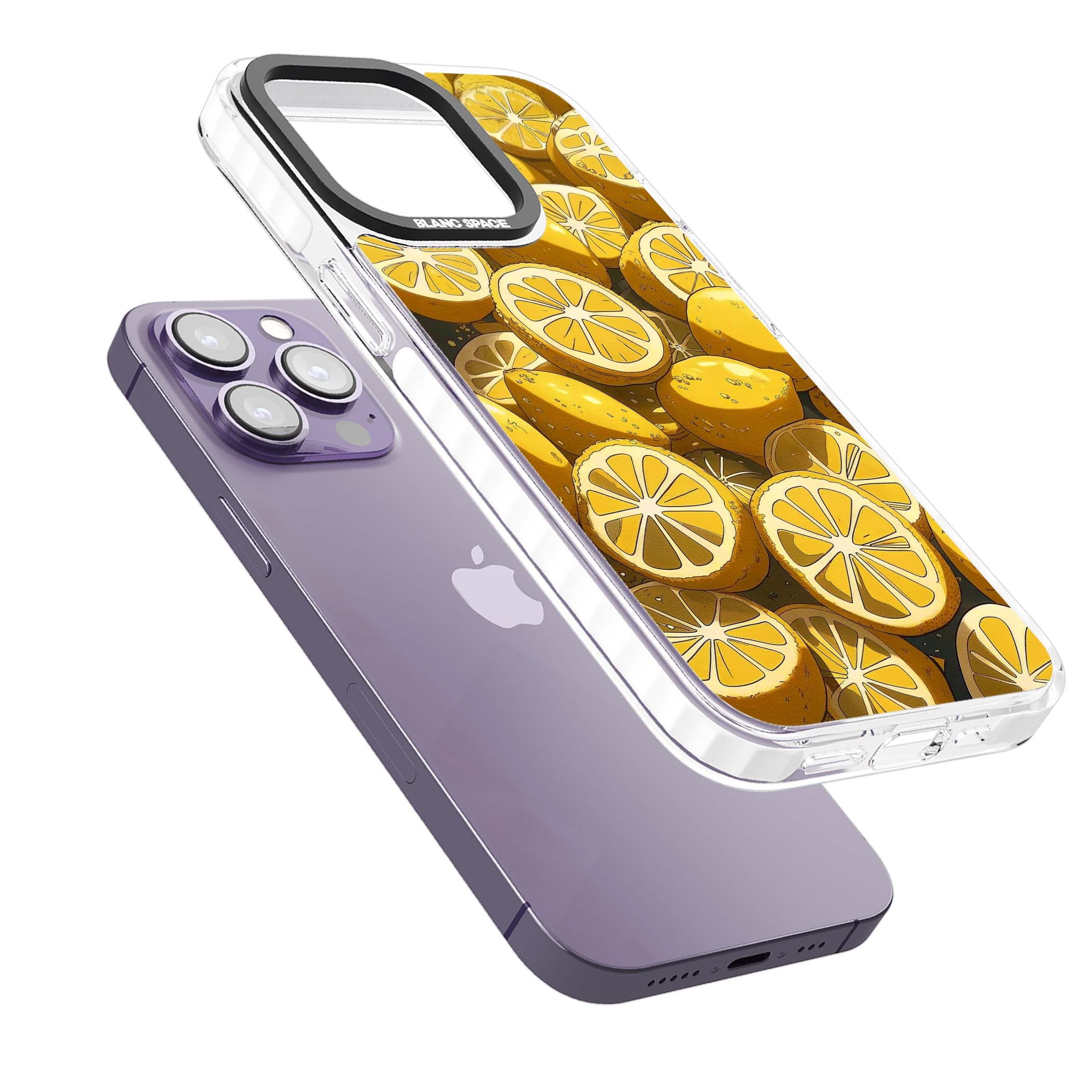 Zesty coastal iPhone case featuring illustrated Mediterranean lemons and citrus slices in golden yellow | Clear Impact case for iPhone 13 Pro, iPhone 14 Pro, iPhone 15 Pro